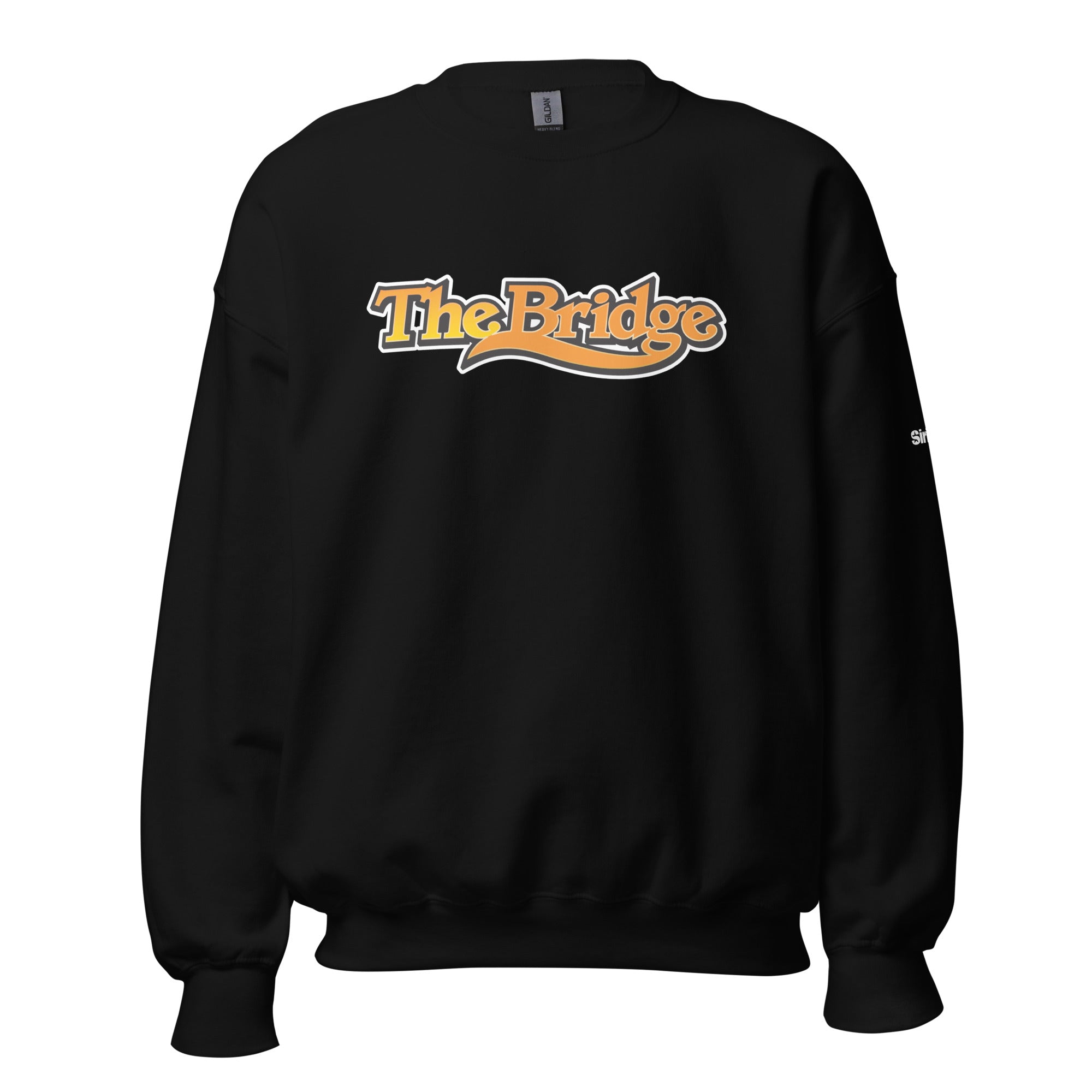 Black sweatshirt featuring the text 'The Bridge' in orange and white lettering.