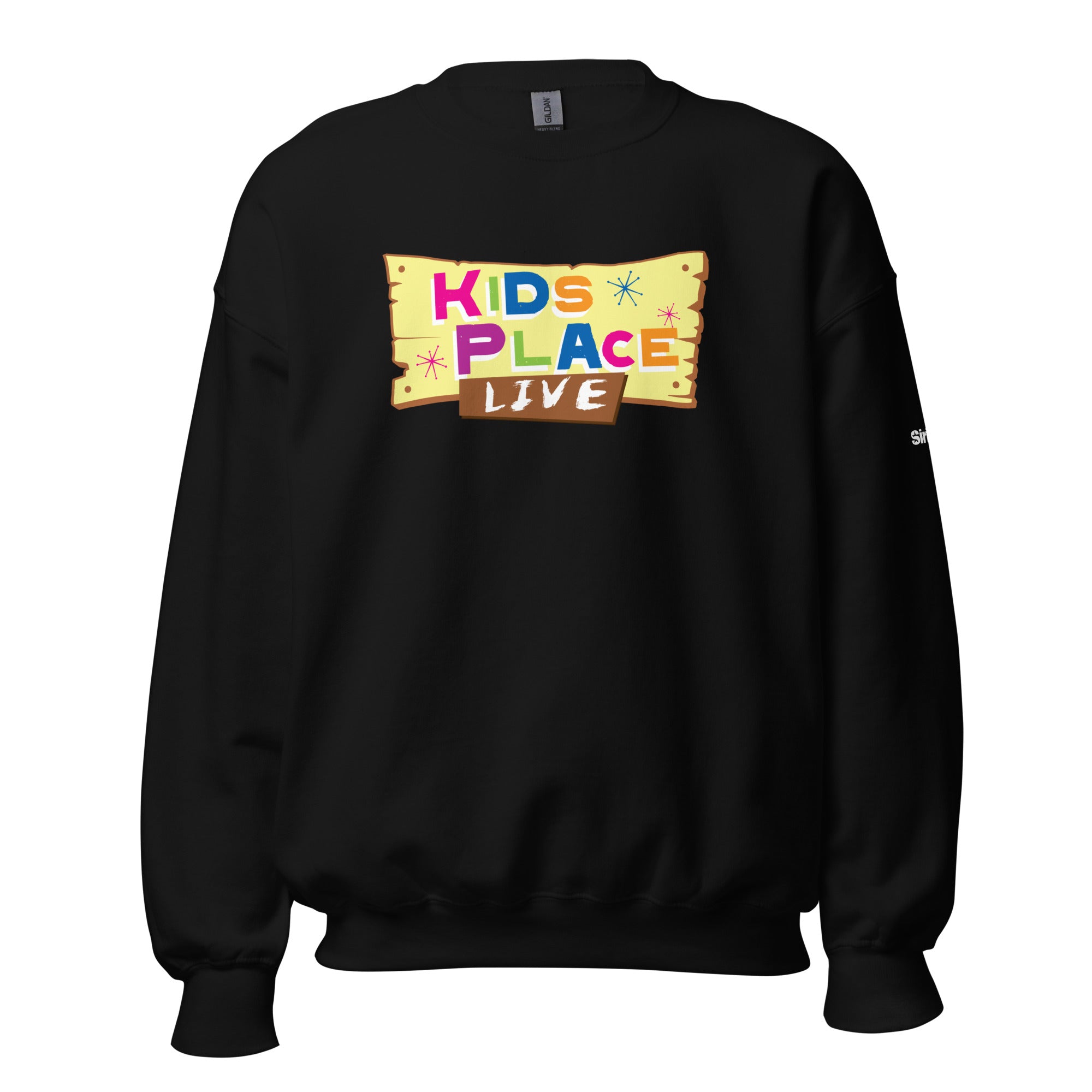 Black sweatshirt featuring a colorful 'KIDS PLACE LIVE' with colorful stars and a wooden sign illustration on the front.