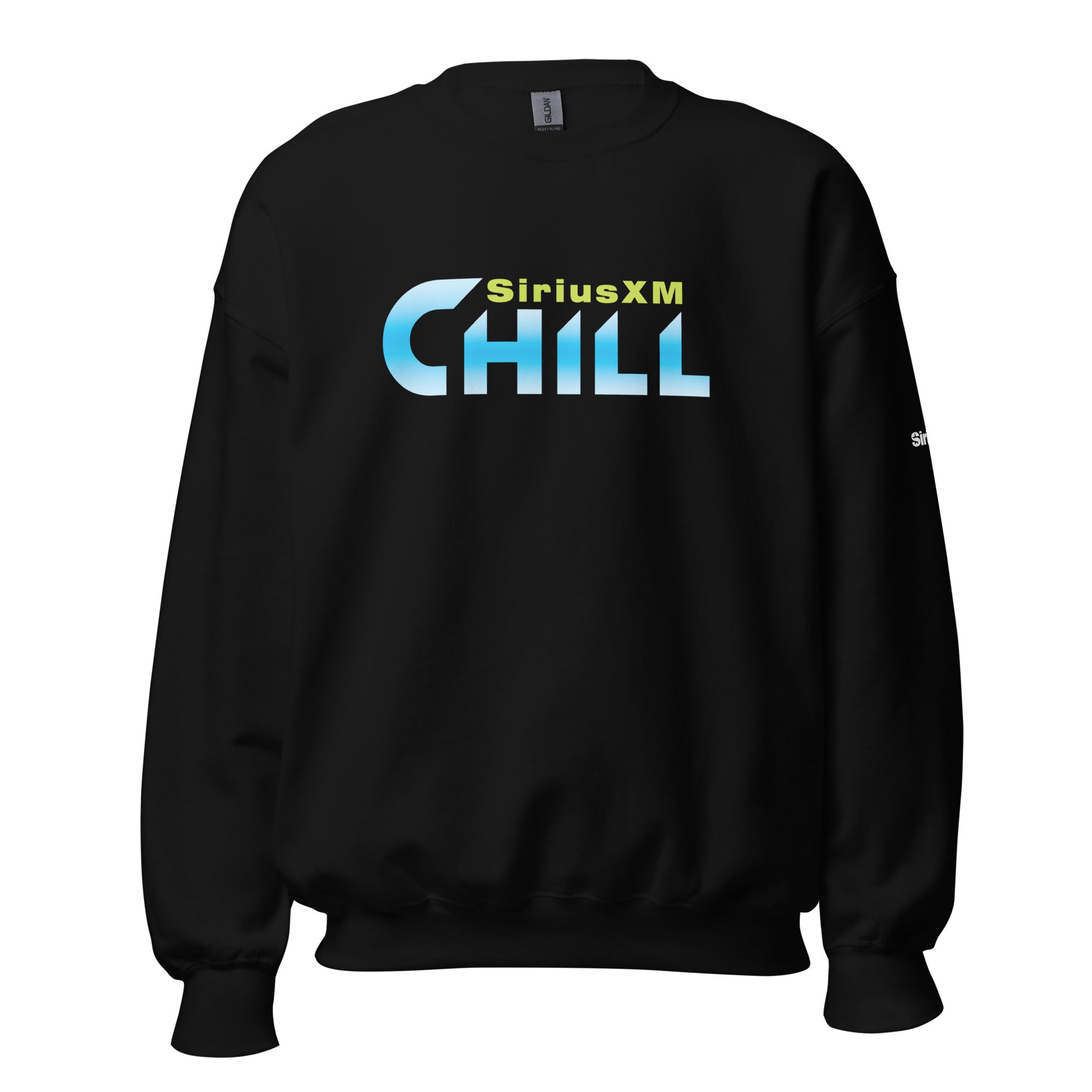 Black sweatshirt featuring the SiriusXM CHILL logo in vibrant blue and yellow colors.