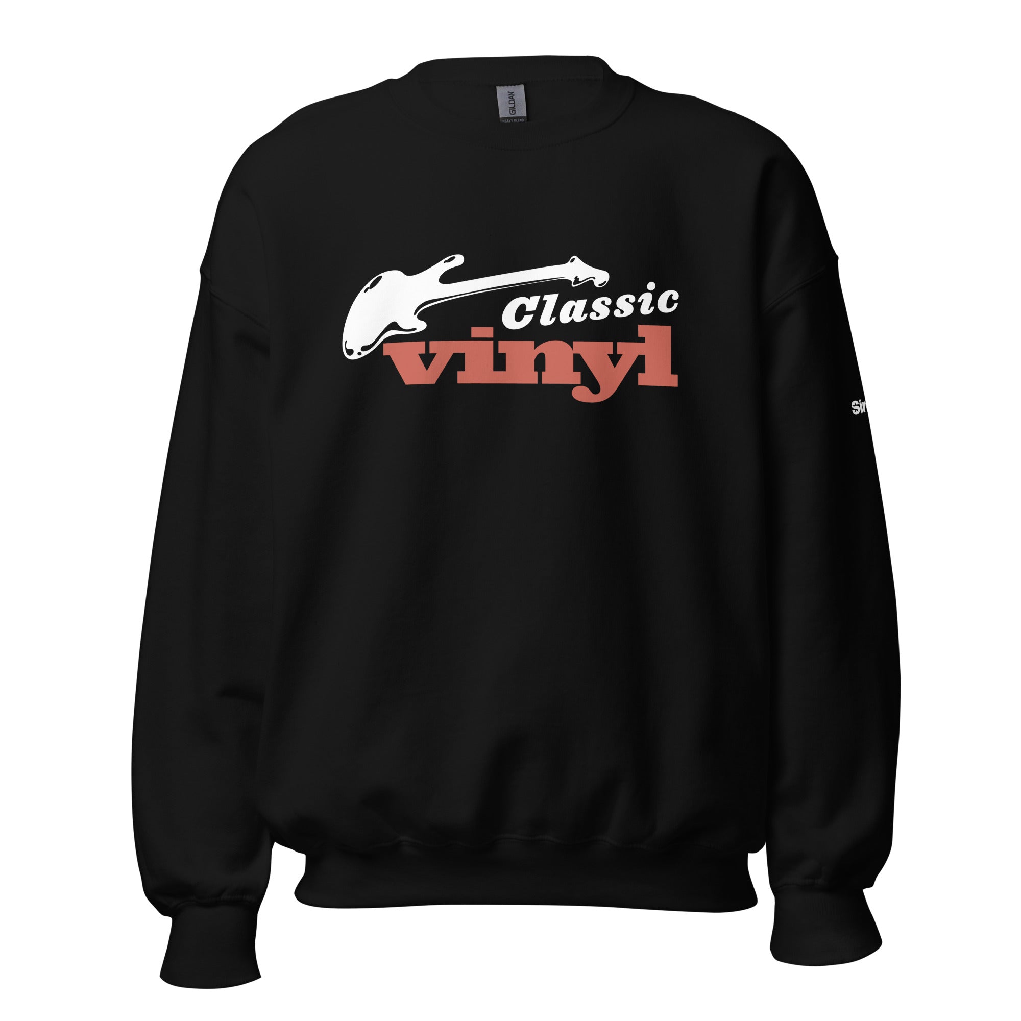 Black sweatshirt featuring a white guitar graphic and the text 'Classic vinyl' in bold red and white lettering.