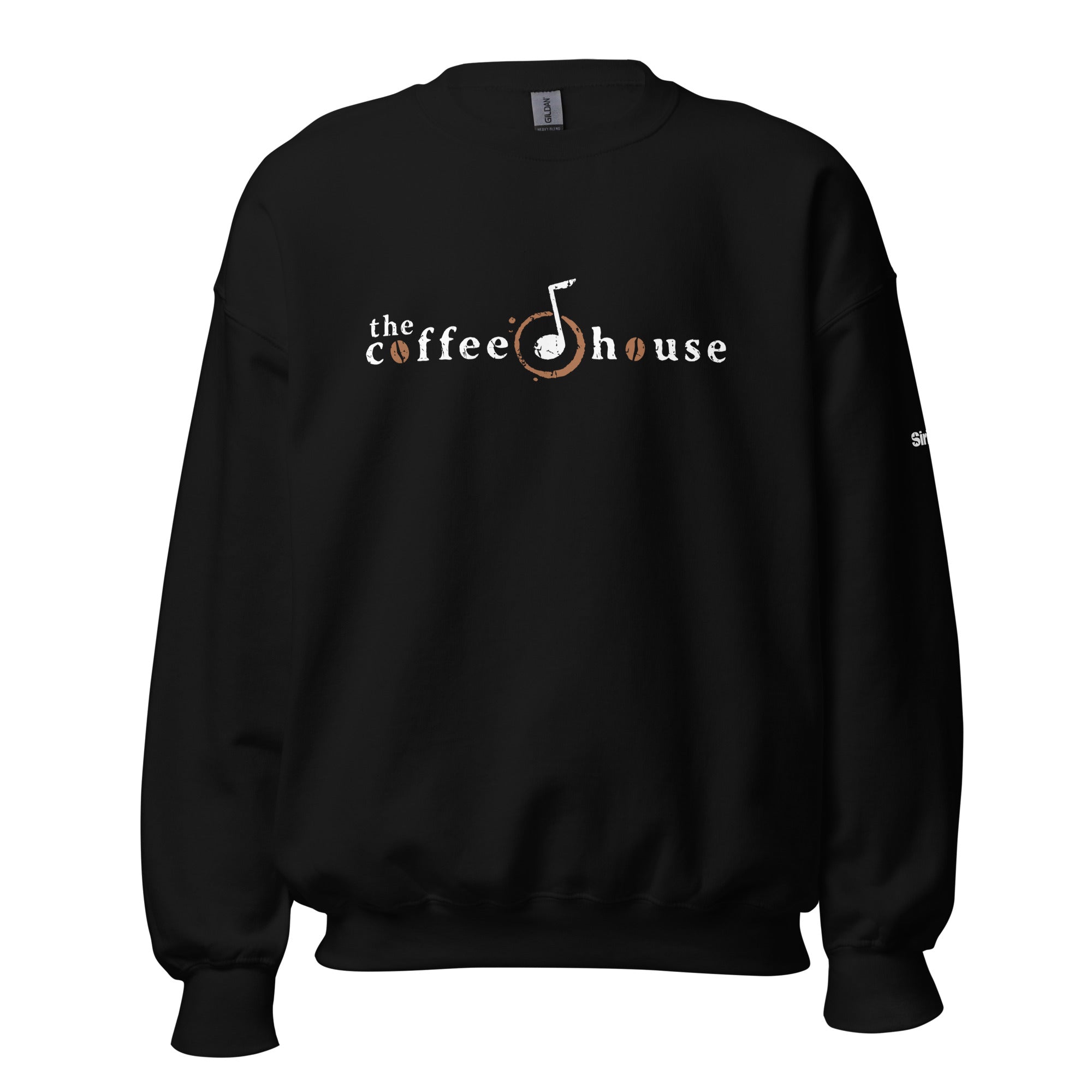 Black sweatshirt with 'the coffee house' logo featuring a musical note and coffee bean design.