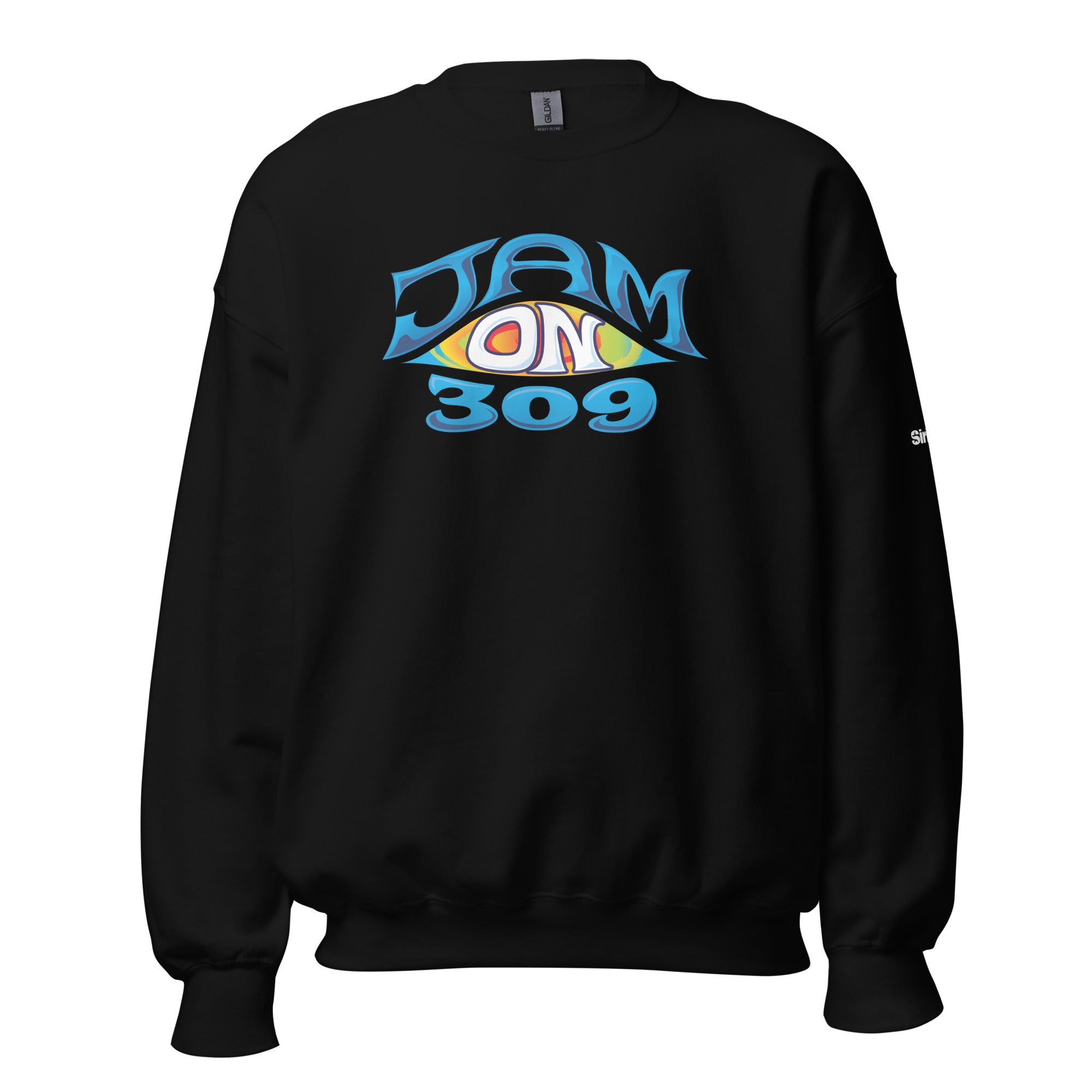 Black sweatshirt featuring a colorful 'JAM ON 309' graphic  and text in blue.