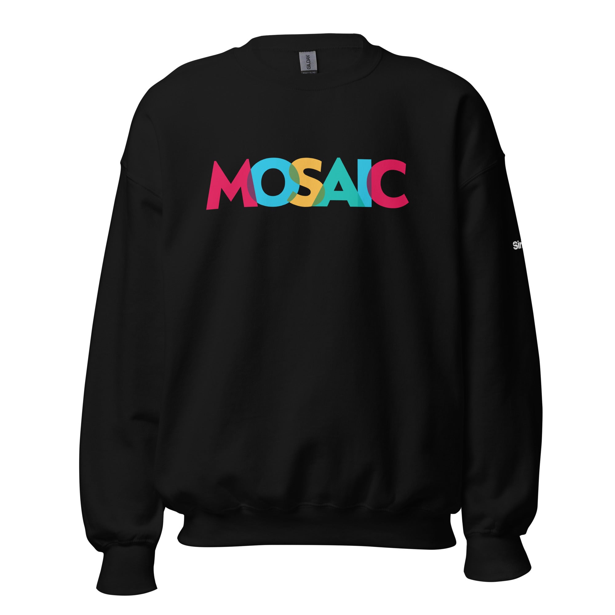 Black sweatshirt featuring the word 'MOSAIC' in cranberry, blue, yellow, and tourquise letters.