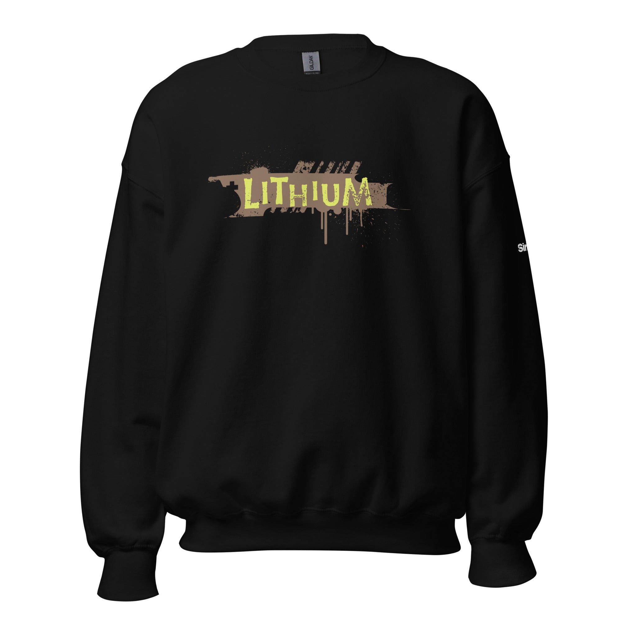 Black sweatshirt with the word 'LITHIUM' in a  golden font and brown dripped paint effect.