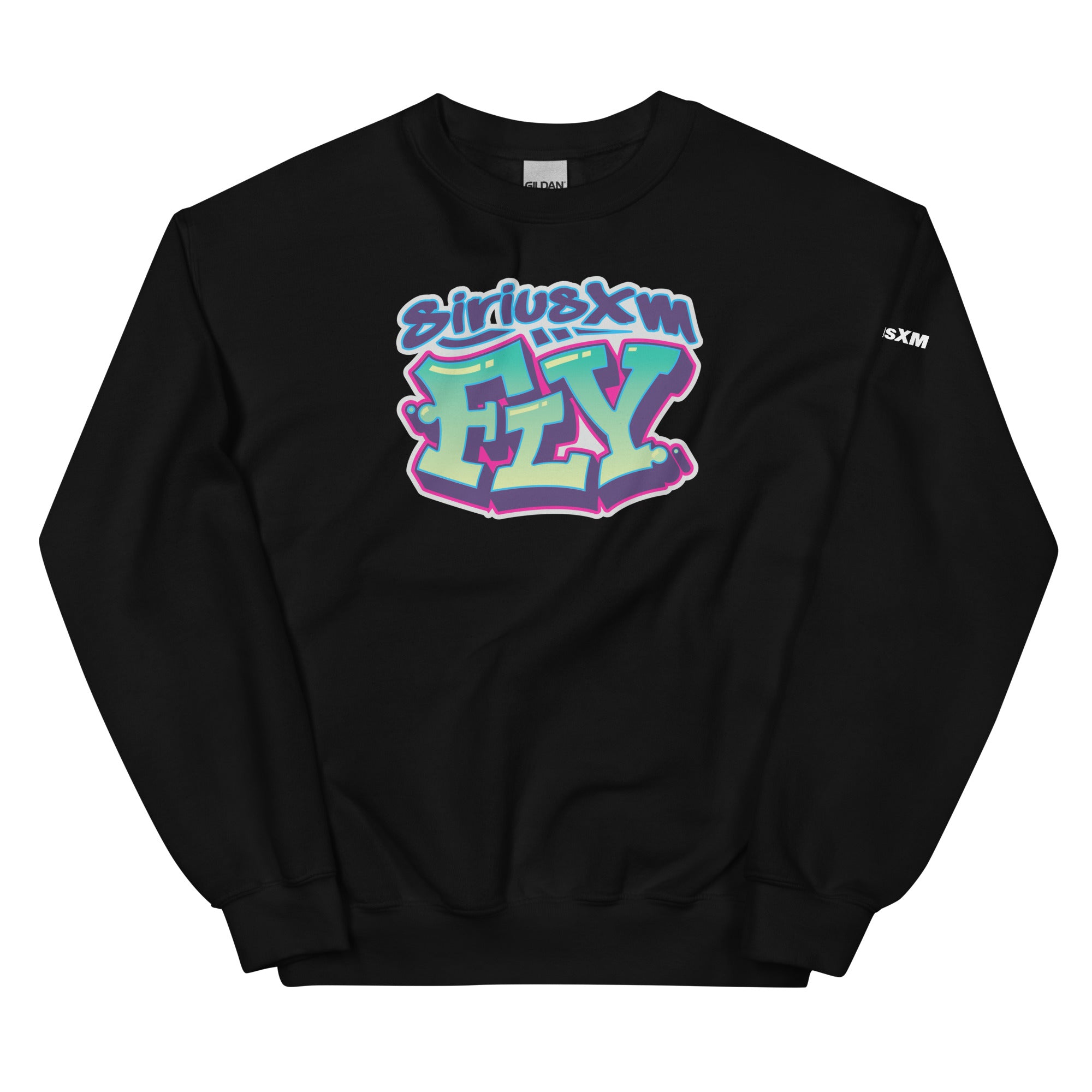 Black sweatshirt featuring colorful 'SiriusXM FLY' graffiti-style text design. Colors include blue, green, and pink.