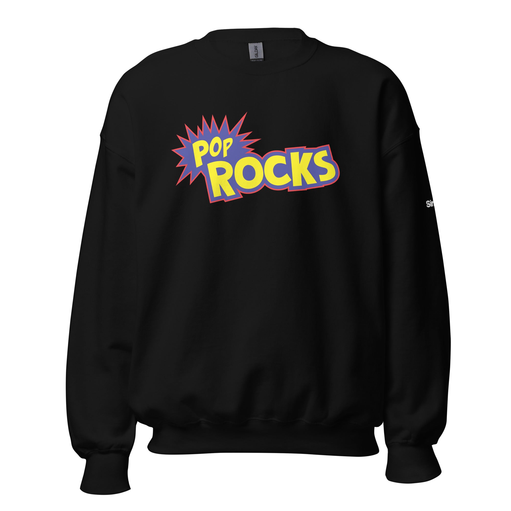 Black sweatshirt with colorful 'POP ROCKS' graphic logo on the front in blue, yellow and red