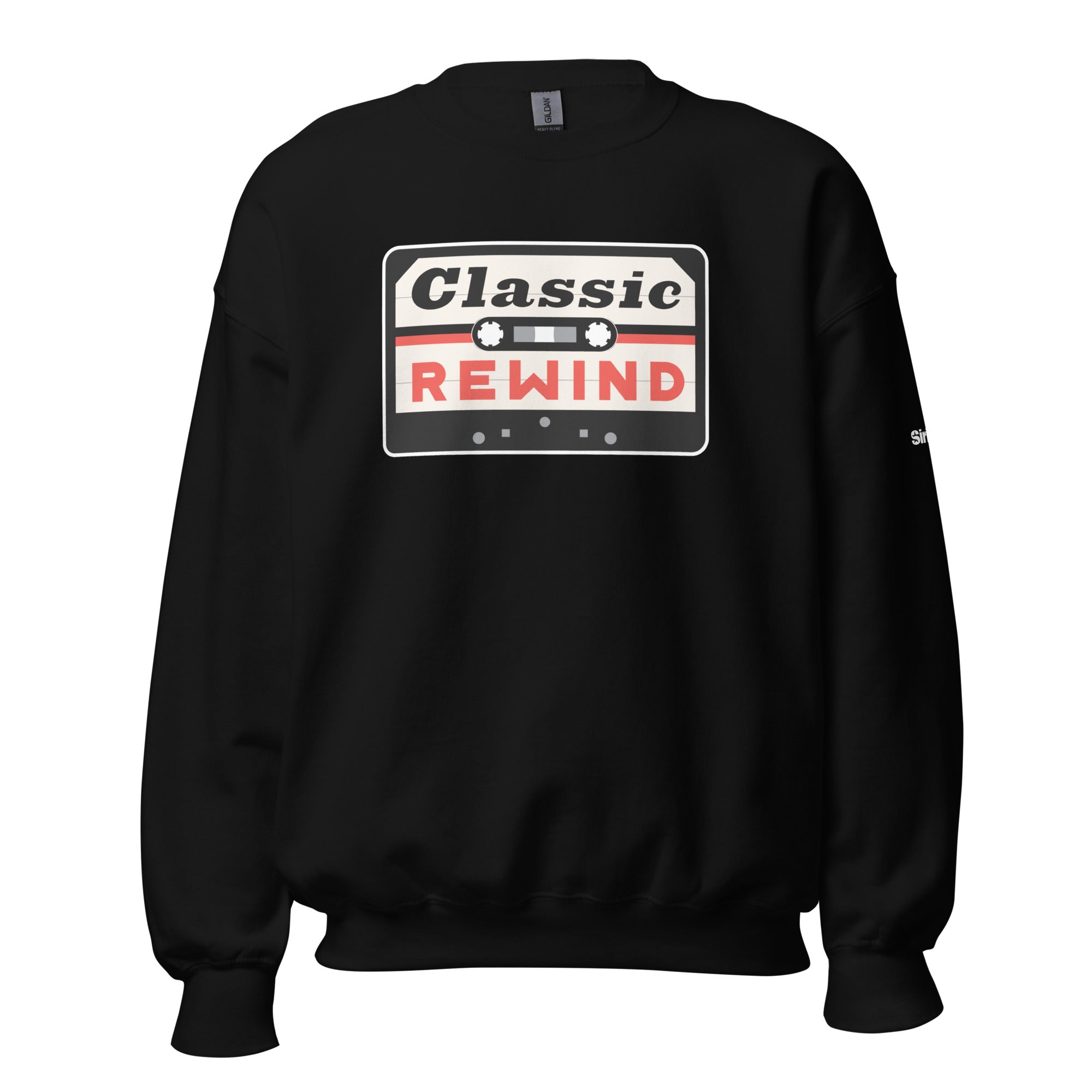 Black sweatshirt featuring 'Classic REWIND' text with a cassette design in red, white and black.