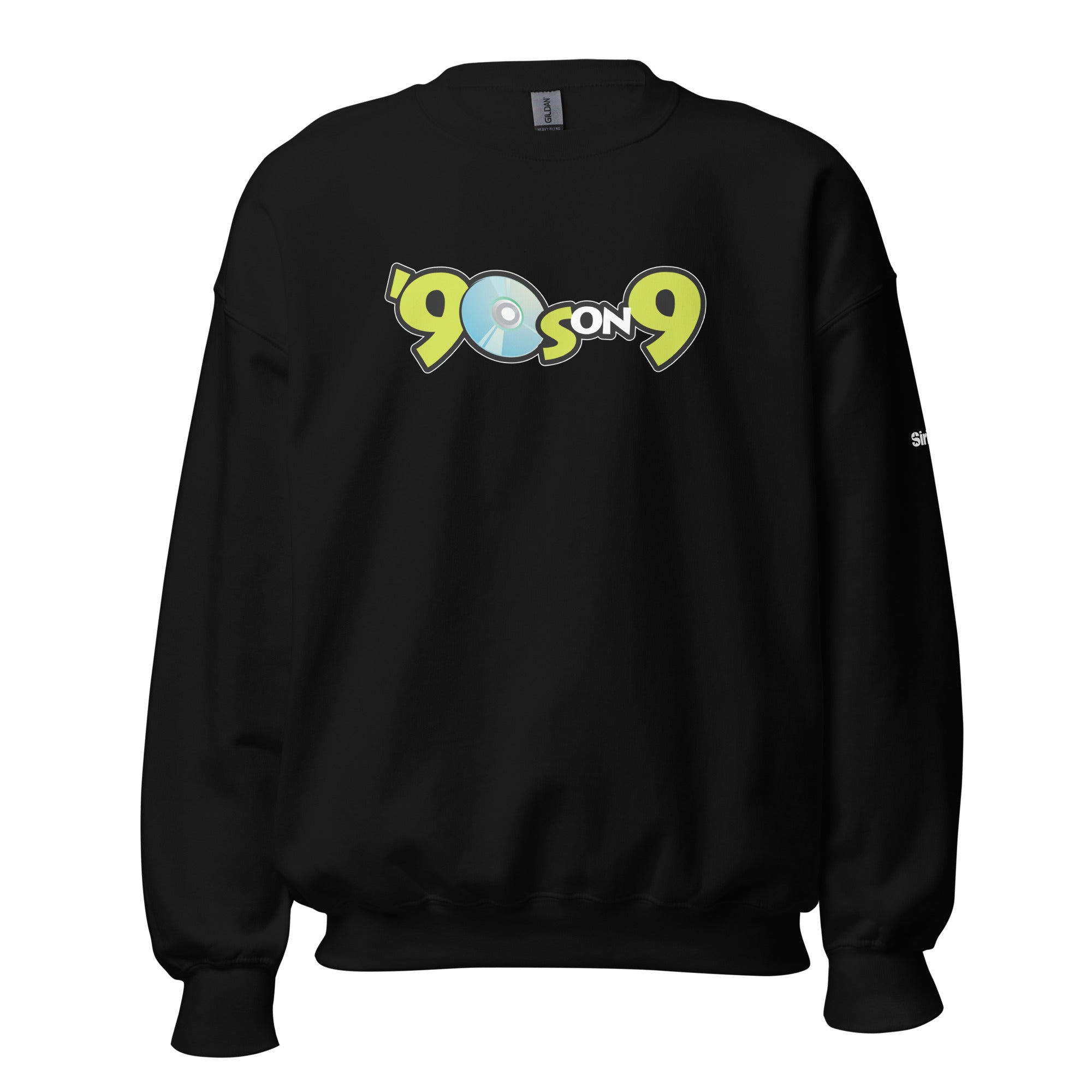 Black sweatshirt featuring the logo ''90s on 9' in light blue and vivid green with a CD graphic.