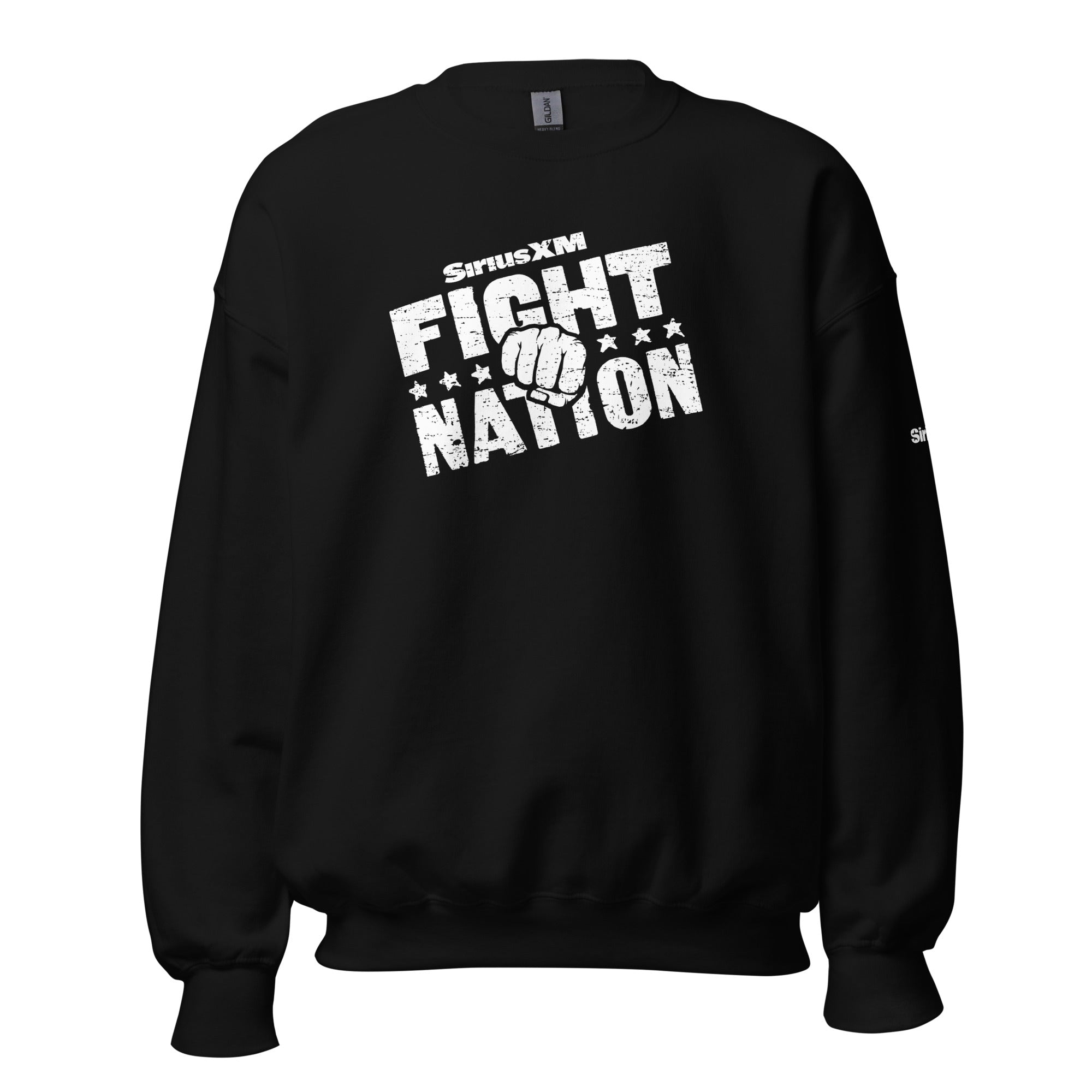 Black sweatshirt with 'SiriusXM FIGHT NATION' graphic and a fist icon in white.