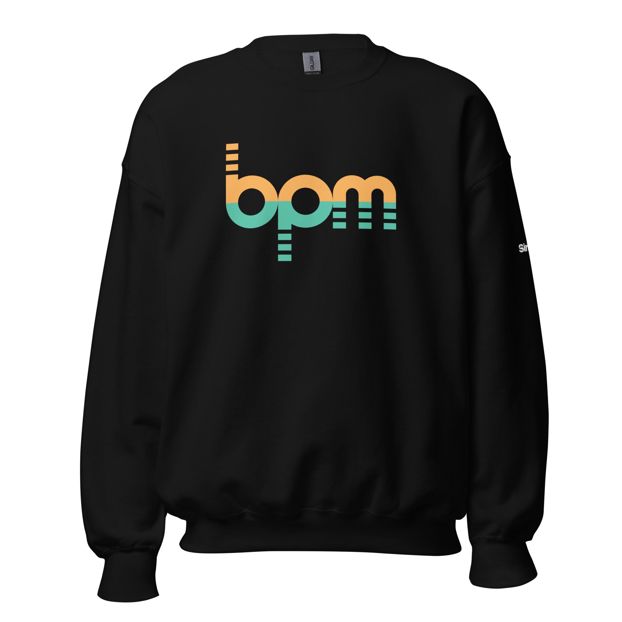Black sweatshirt featuring 'bpm' logo in orange and green.