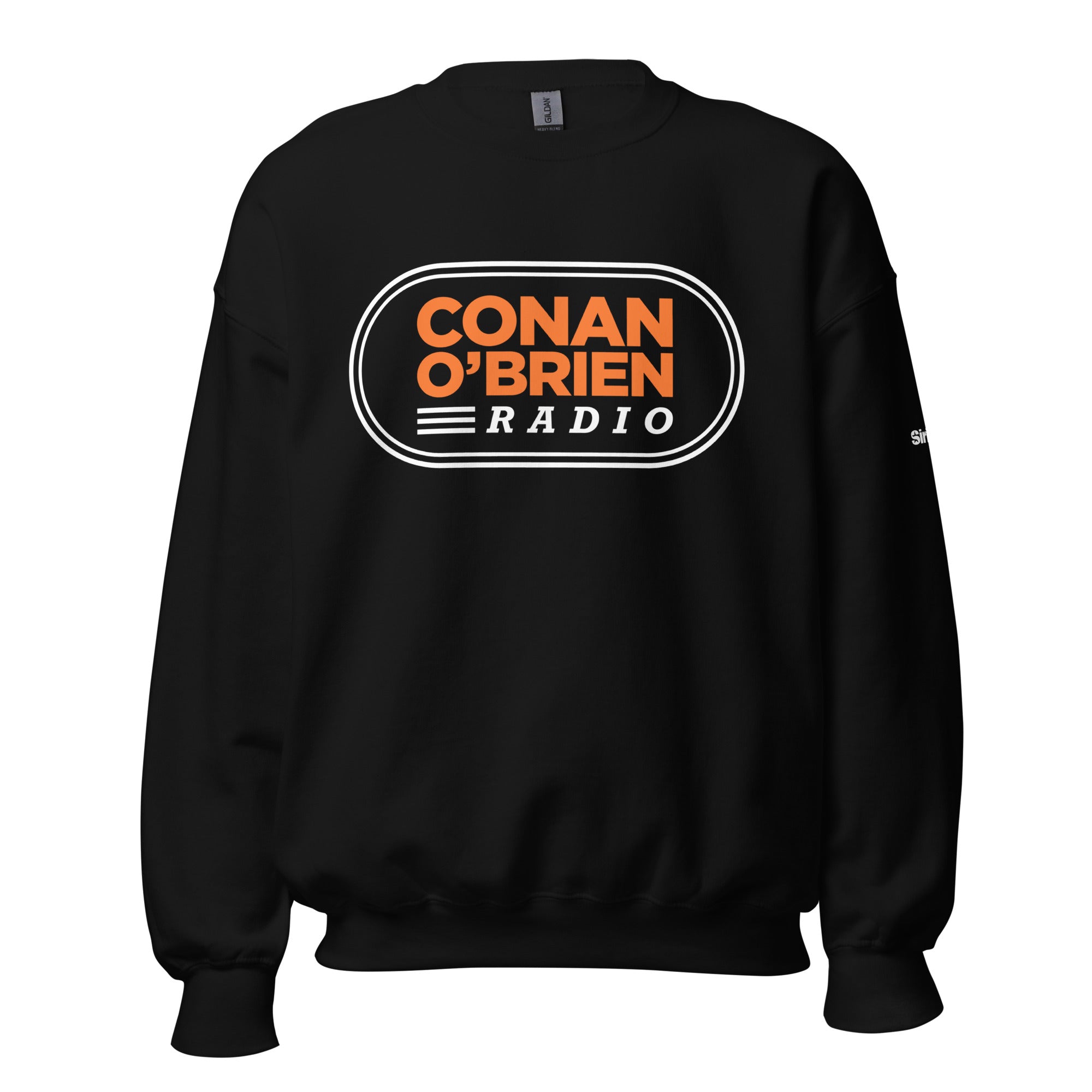 Black sweatshirt featuring the logo 'CONAN O'BRIEN RADIO' in orange and white text.