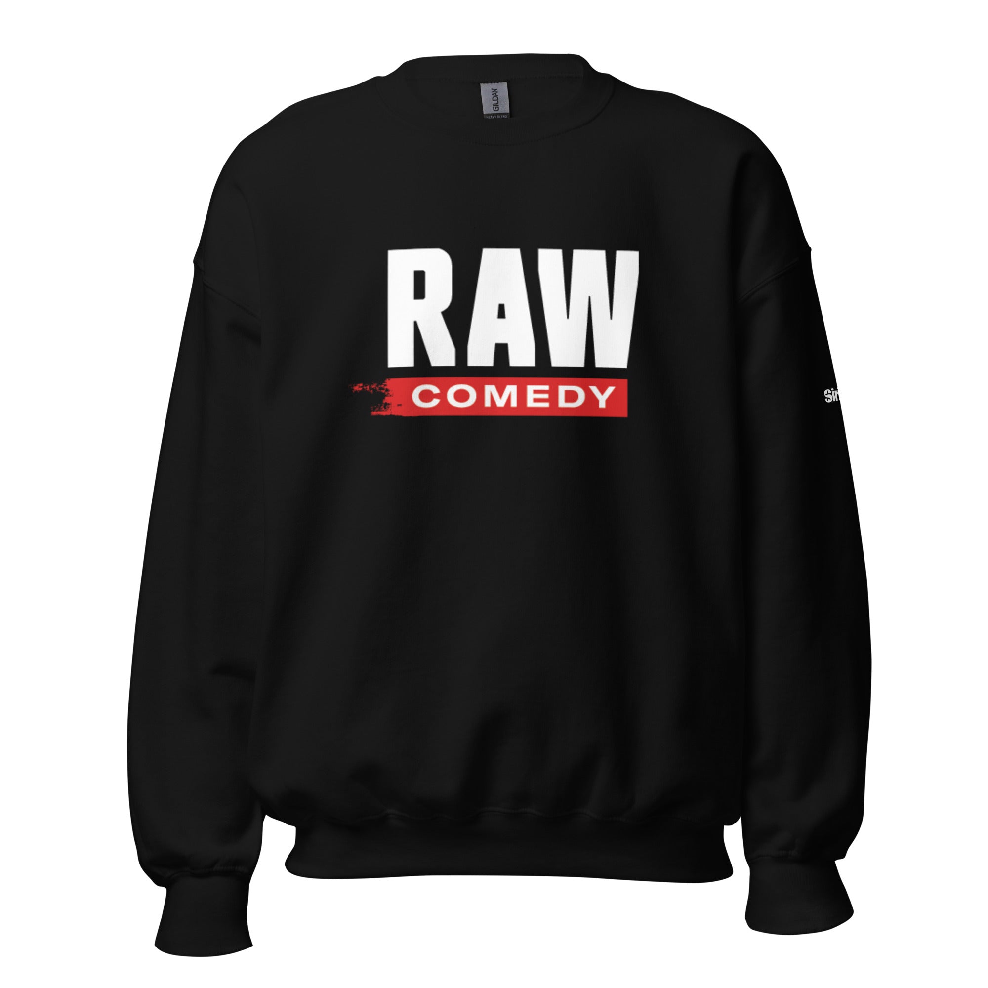 Black sweatshirt featuring bold white text that reads 'RAW' above 'COMEDY' in red.