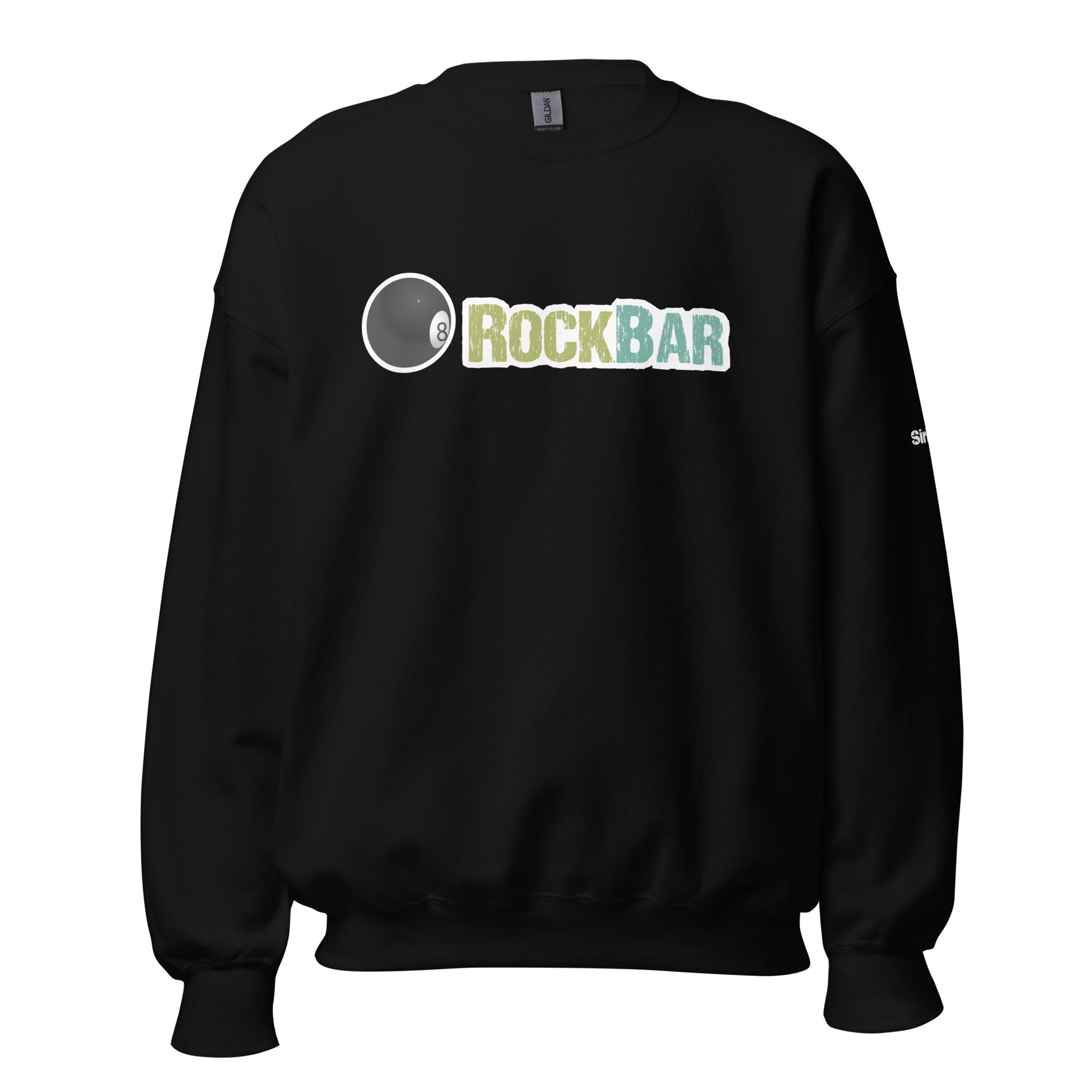 Black sweatshirt featuring 'RockBar' logo with an 8-ball graphic.