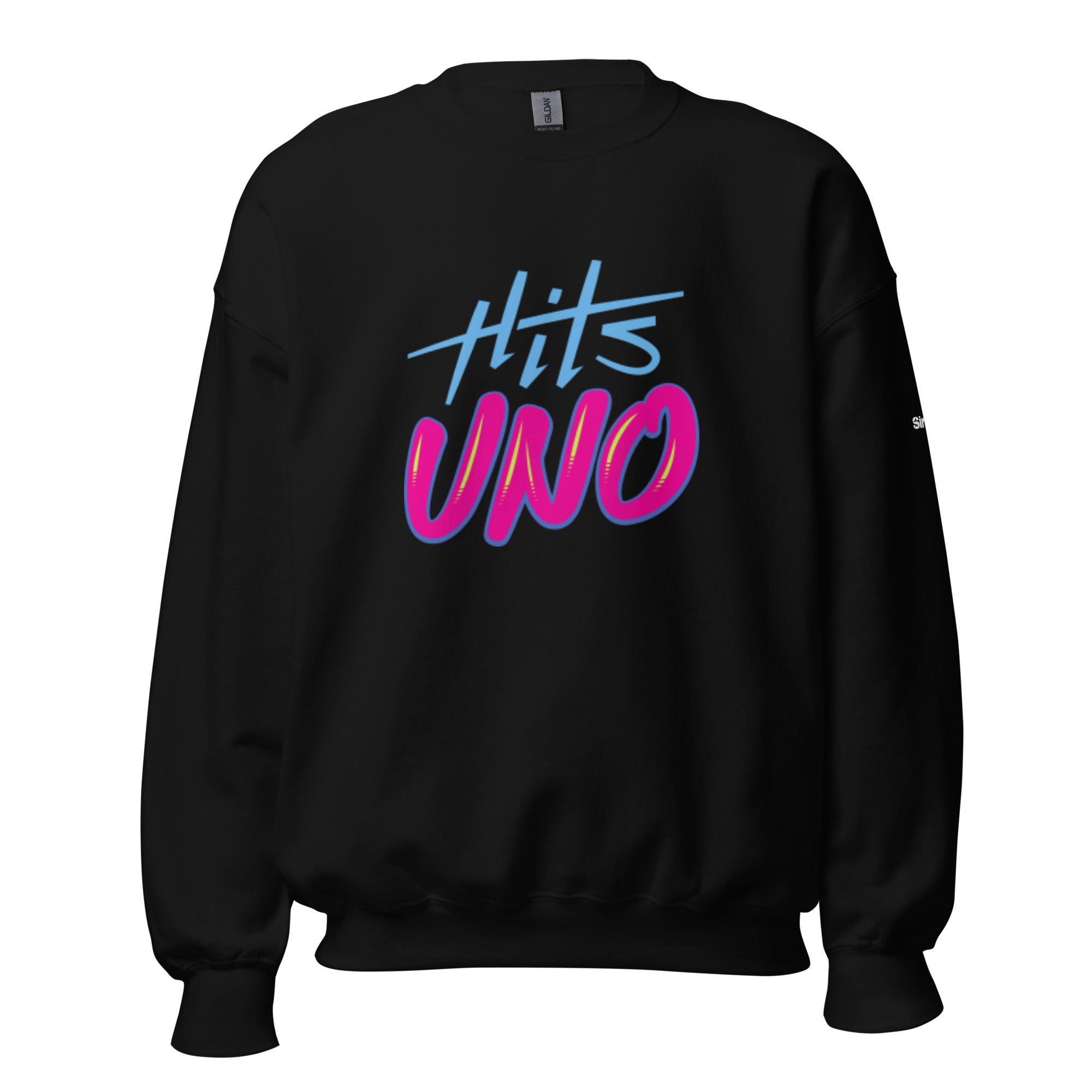 Black sweatshirt featuring colorful text that reads 'Hits UNO' in blue and pink.