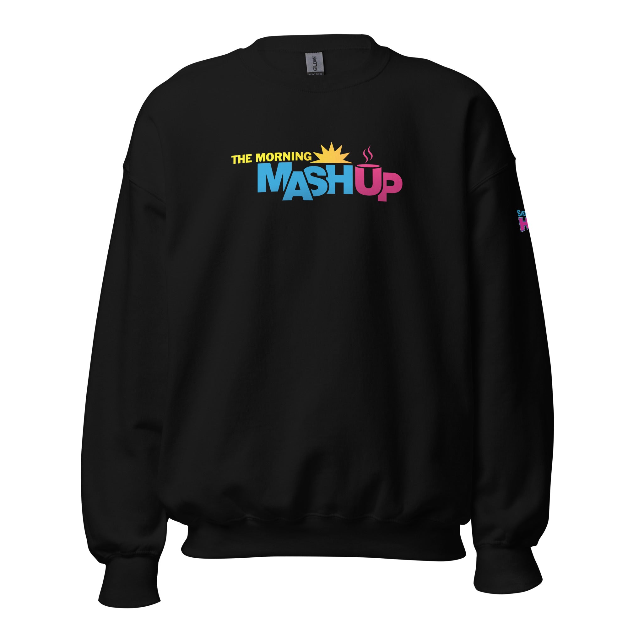 Black sweatshirt with 'THE MORNING MASHUP' logo in bright colors. Colors include yellow blue and pink.