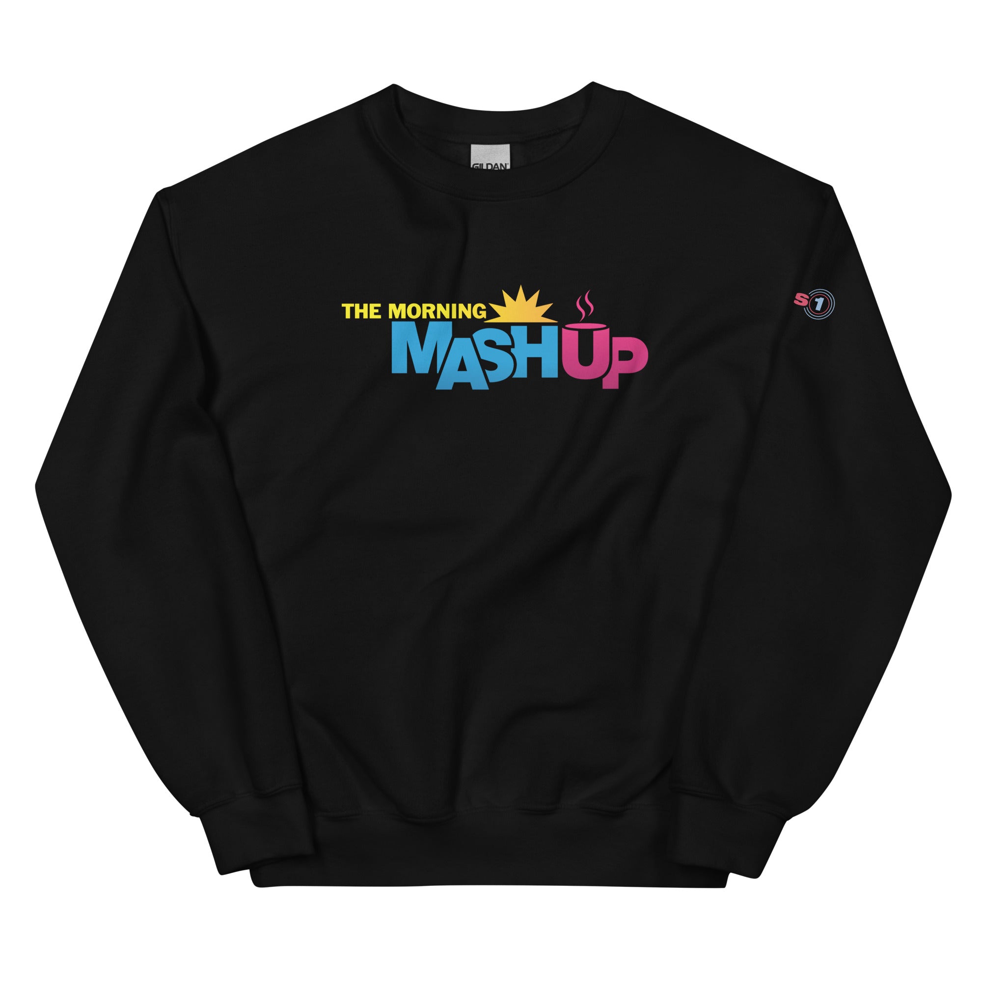 Black sweatshirt with colorful 'The Morning Mash Up' logo on a white background