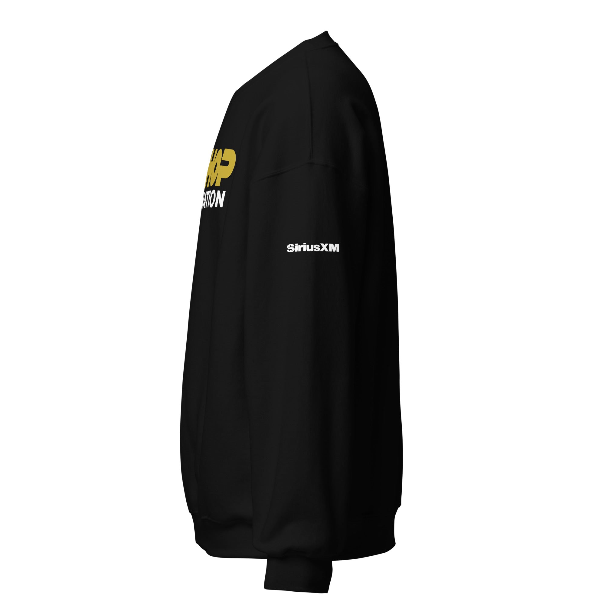Black sweatshirt with gold lettering on the front and white 'SiriusXM' logo on the sleeve. Side view.