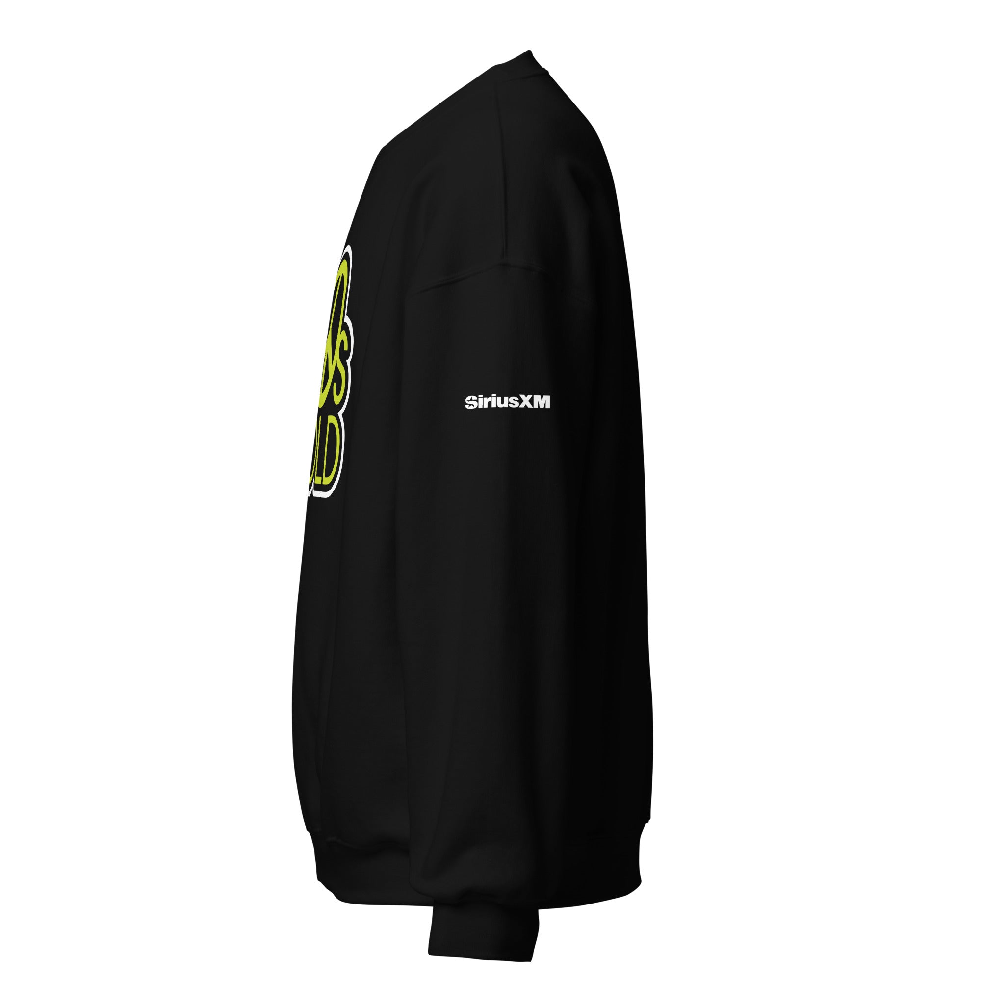 Black sweatshirt with vibrant yellow '60s Gold' graphic text and SiriusXM logo on the sleeve.