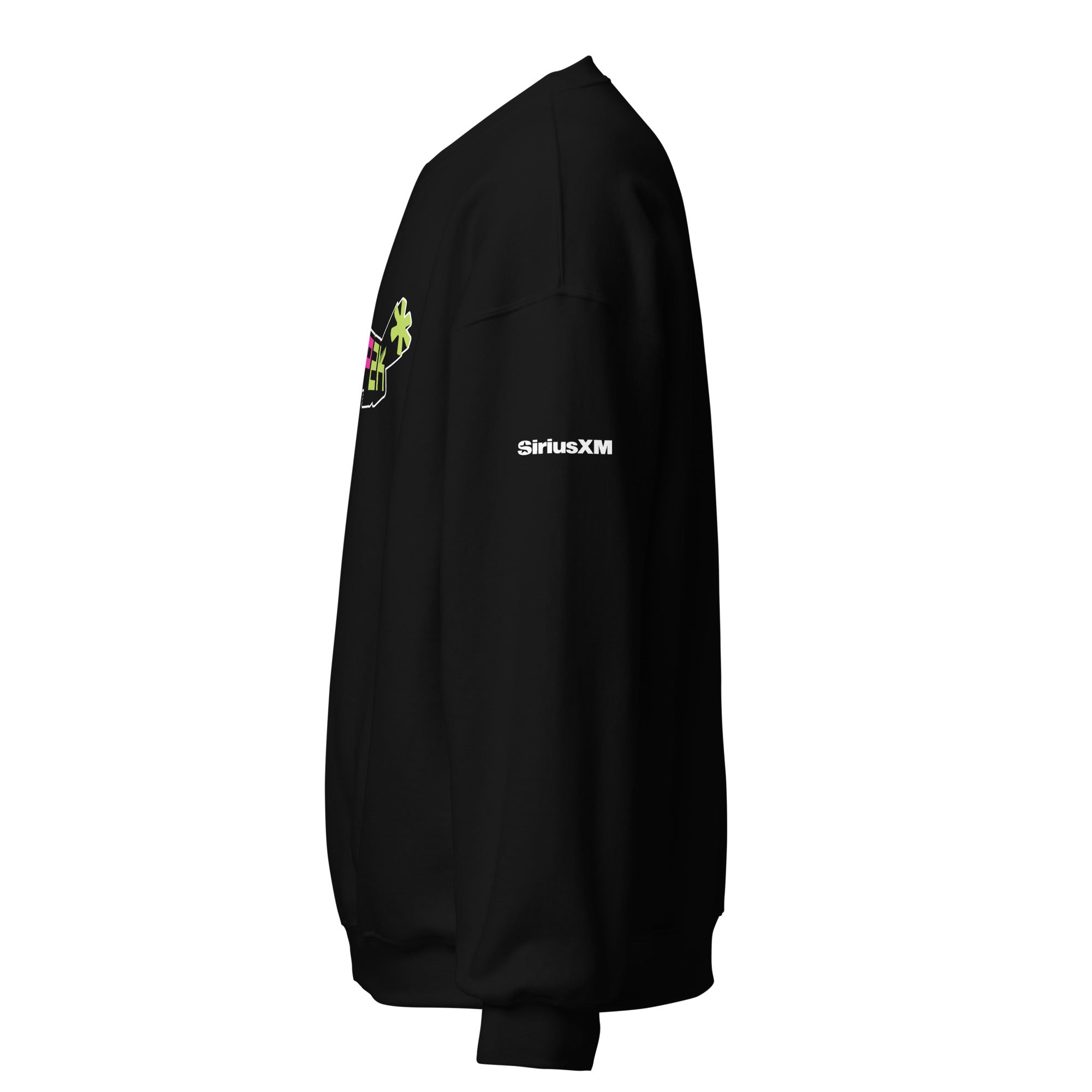 Black sweatshirt featuring white 'SiriusXM' logo on the sleeve.