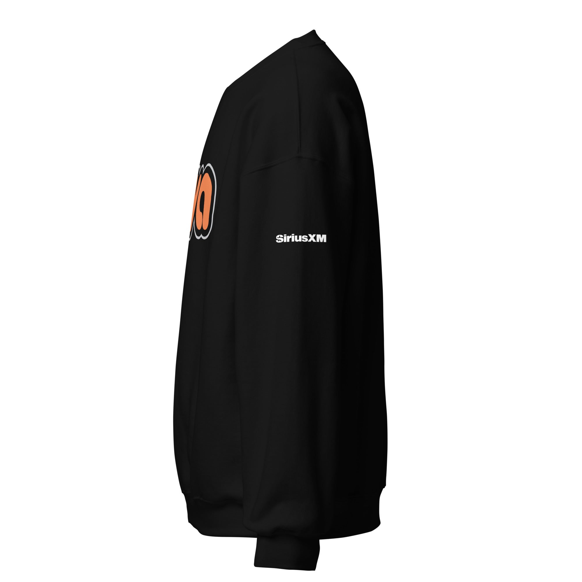 Black sweatshirt featuring white 'SiriusXM' logo on the sleeve.