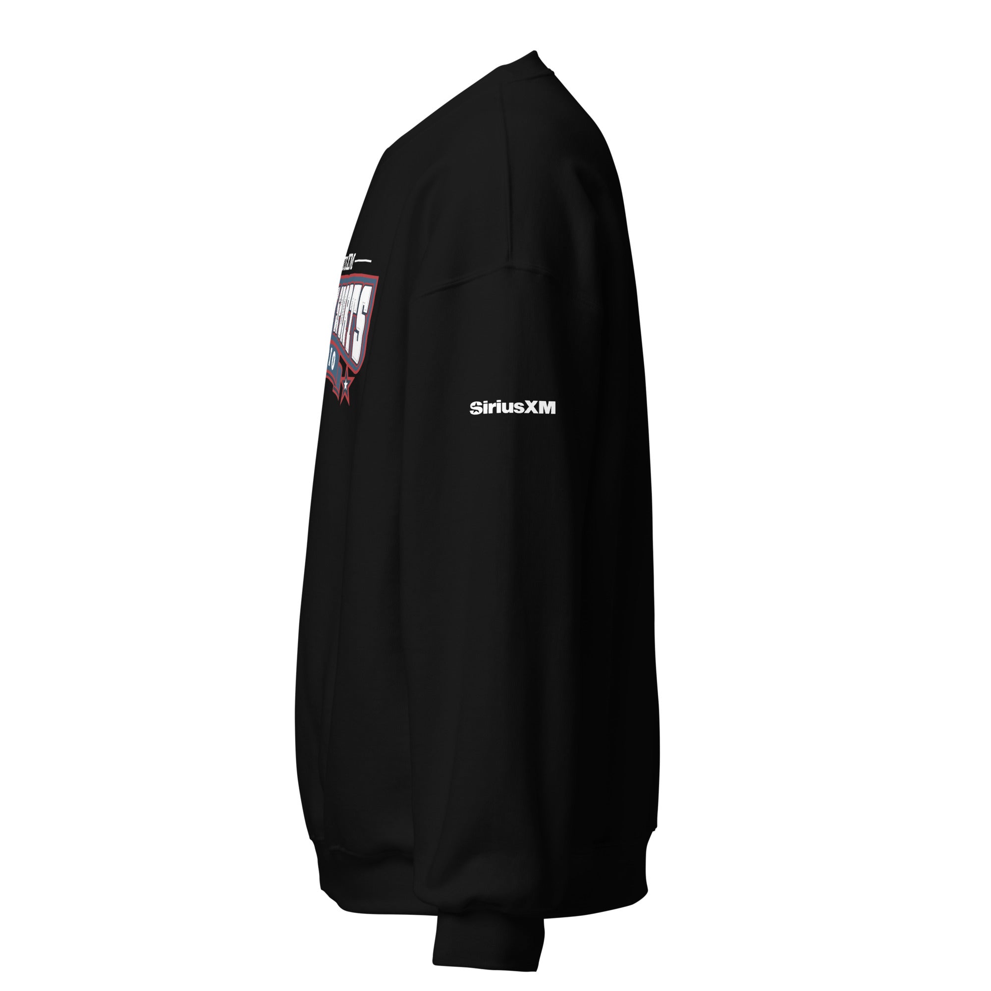 Black sweatshirt featuring a logo and 'SiriusXM' branding on the sleeve.