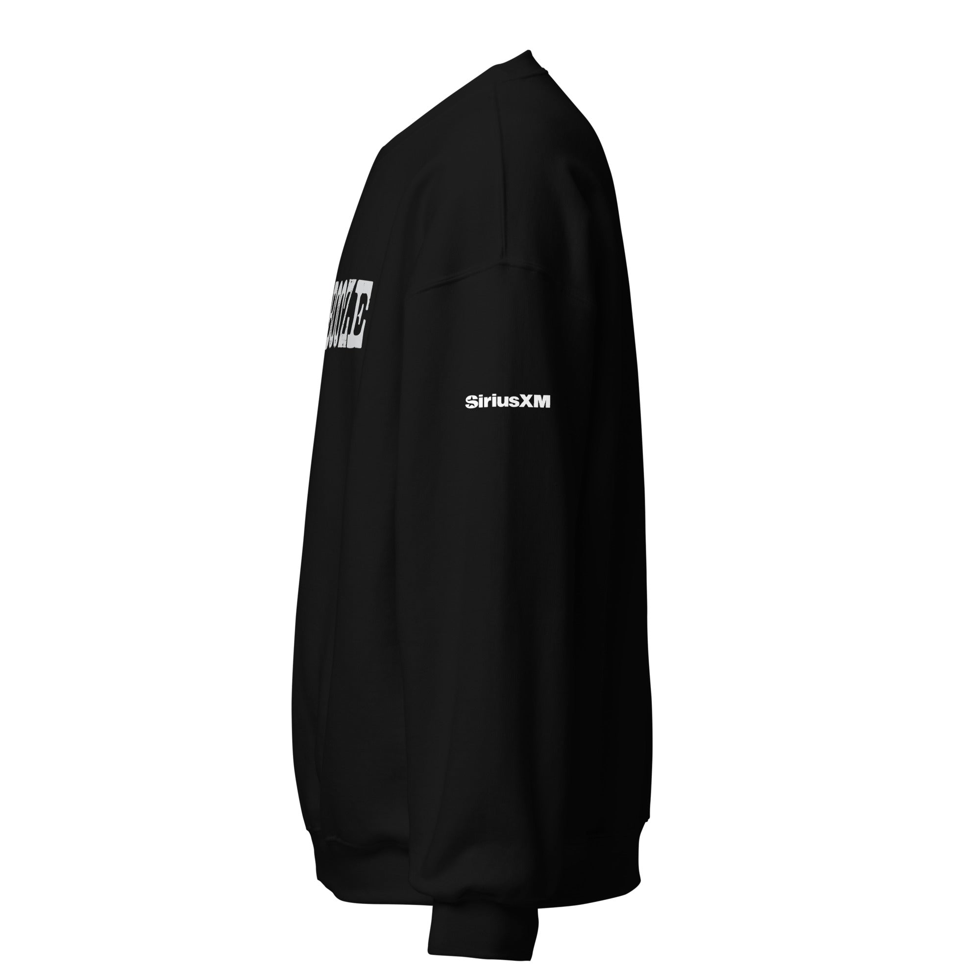 Black sweatshirt featuring 'SiriusXM' logo on the sleeve and bold graphic text on the front.
