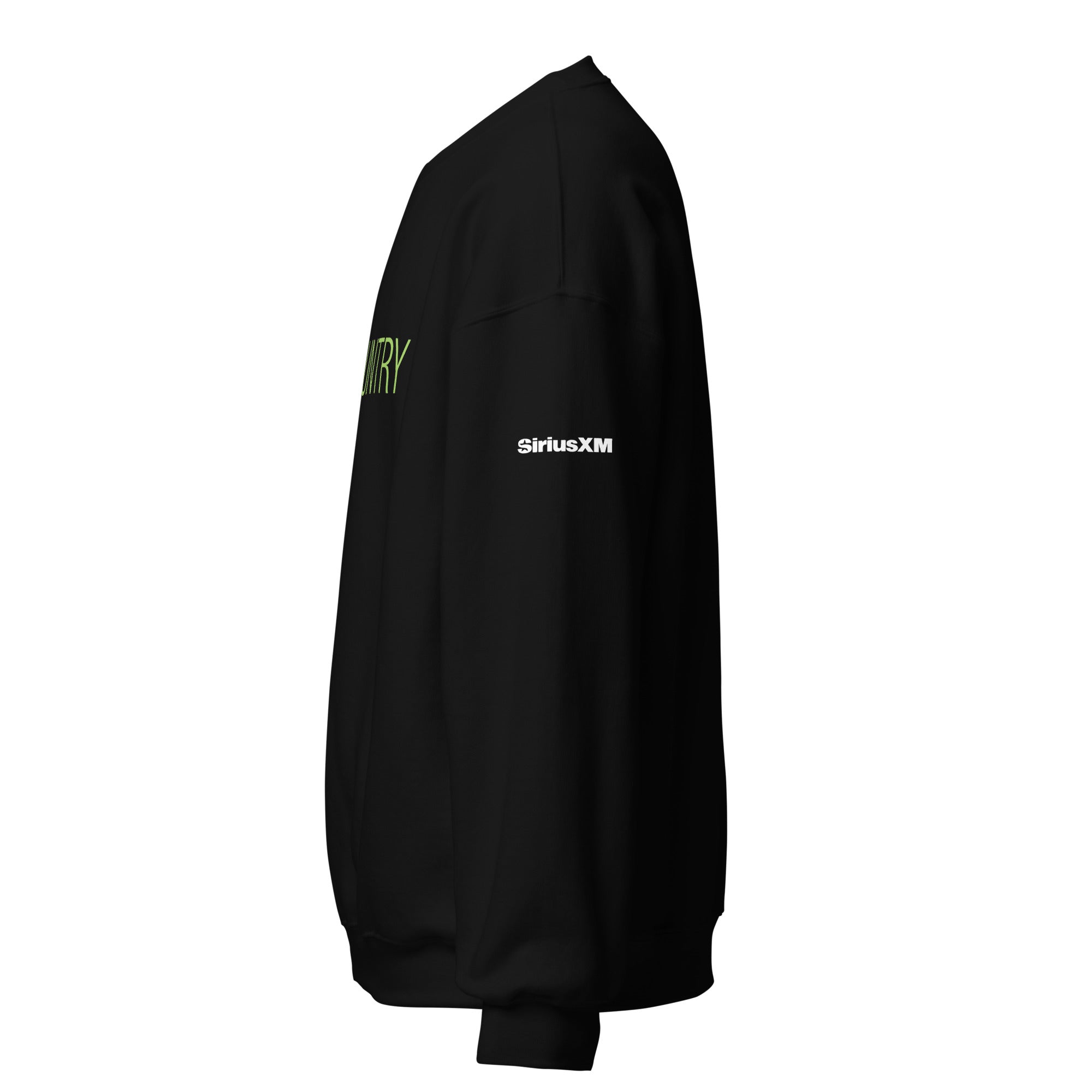 Black sweatshirt featuring green 'COUNTRY' text and white 'SiriusXM' logo on the sleeve. Side view displayed.