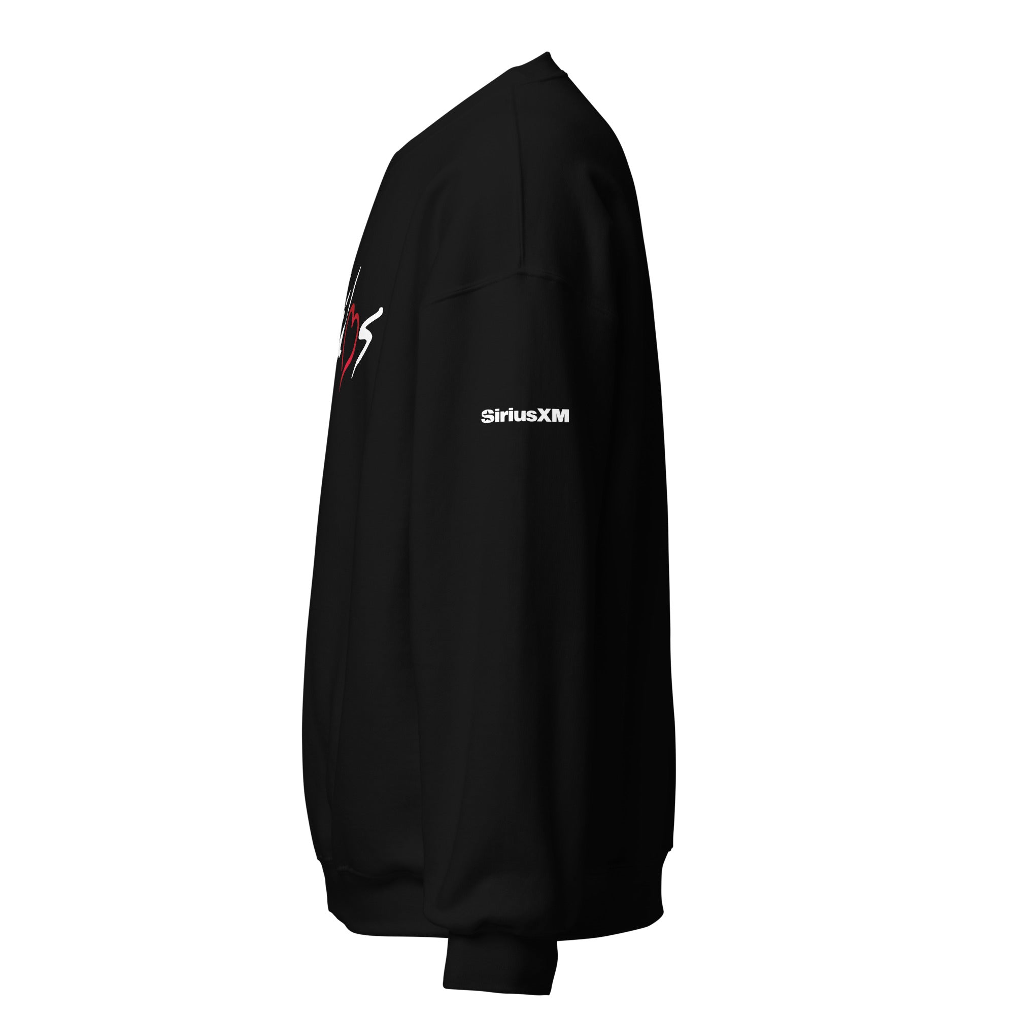 Black sweatshirt with logo on the front and 'SiriusXM' printed on the sleeve.