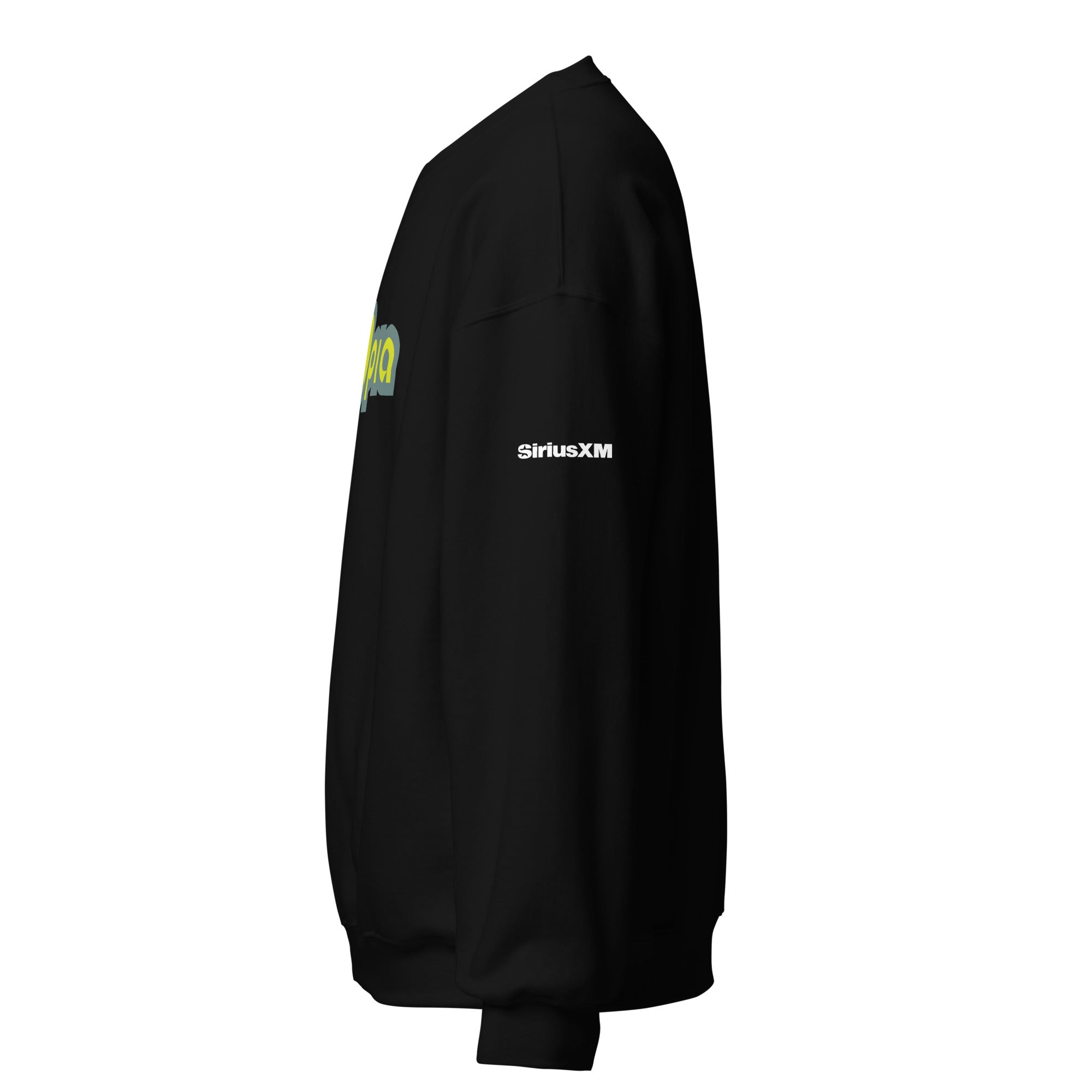 Black sweatshirt with 'SiriusXM' logo on the sleeve and colorful text on the front, viewed from the side.
