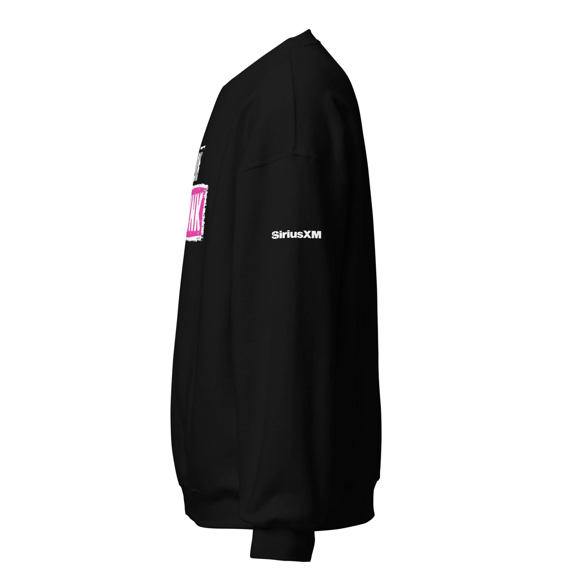 Black sweatshirt with bold graphics and the 'SiriusXM' logo on the sleeve, displayed from the side.