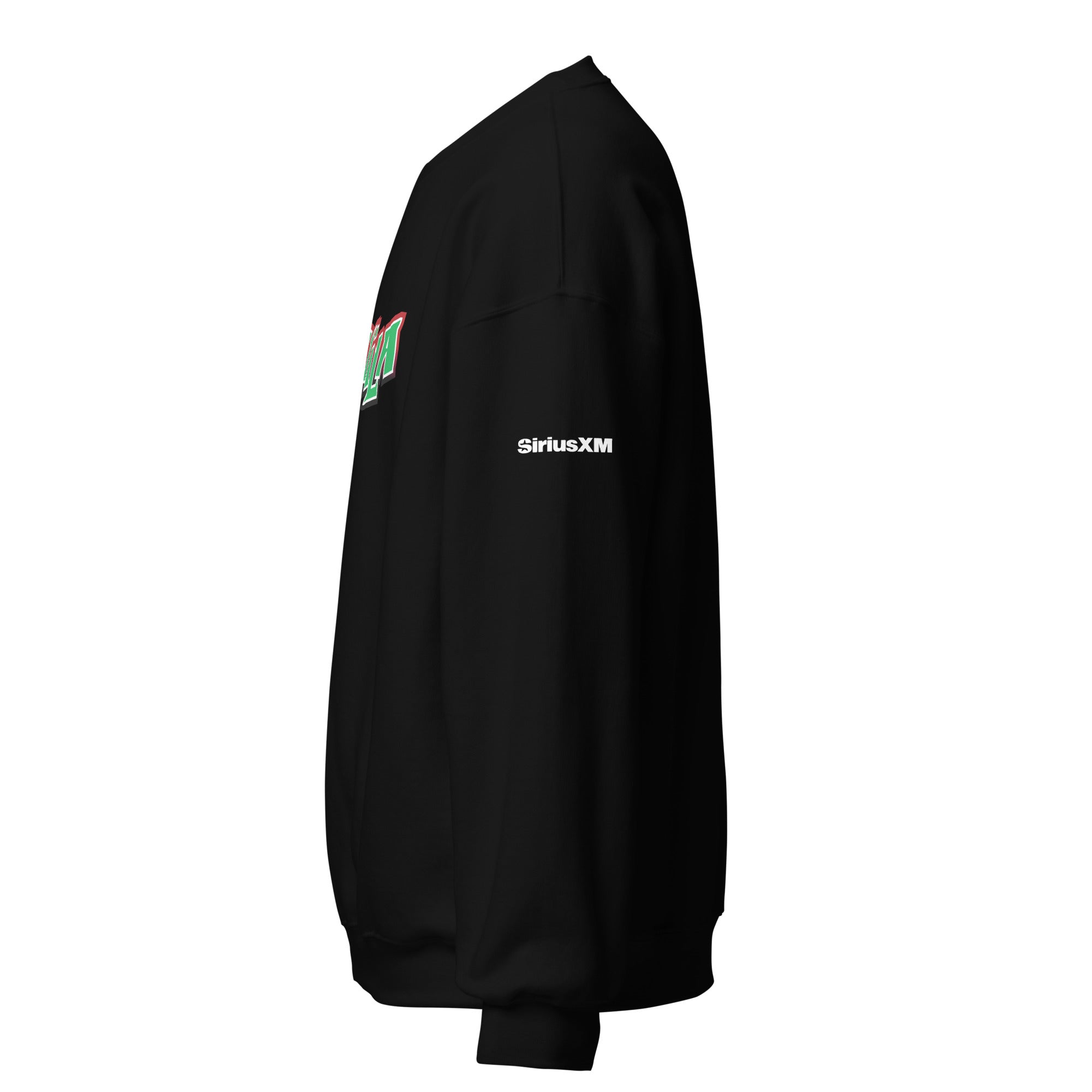 Black sweatshirt featuring a colorful logo on the front and the 'SiriusXM' branding on the sleeve.