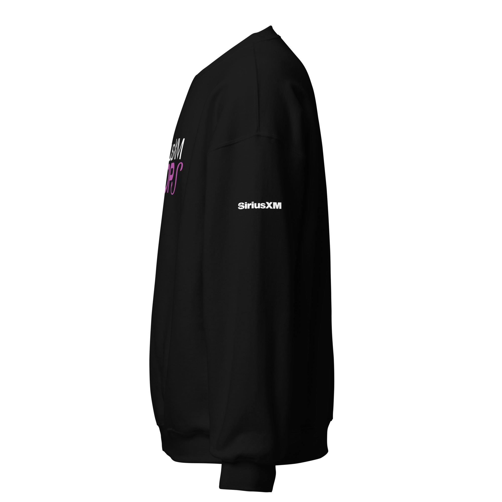 Black sweatshirt featuring 'SiriusXM' logo in orange, purple and white on the sleeve and bold text on the front.