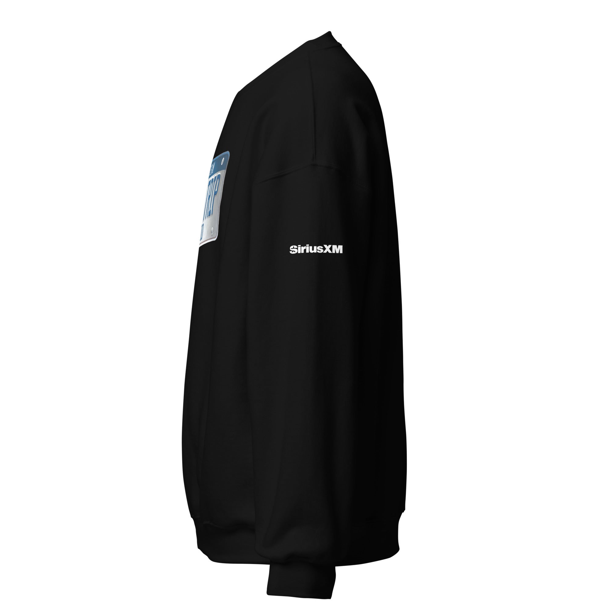 Black sweatshirt featuring a blue and white license plate graphic and 'SiriusXM' logo on the sleeve. Side view.