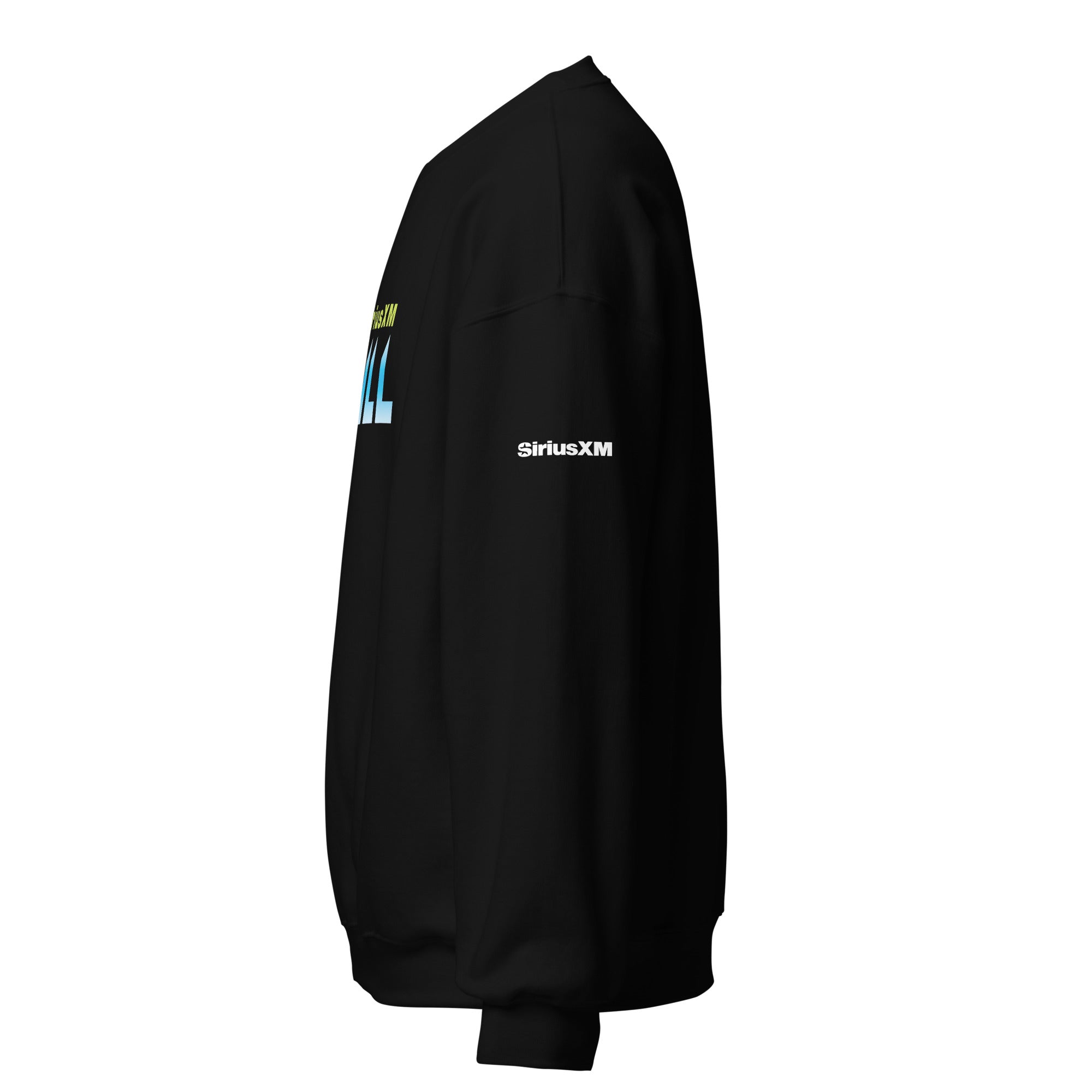Black sweatshirt with  'SiriusXM' logo on the sleeve. Side view.