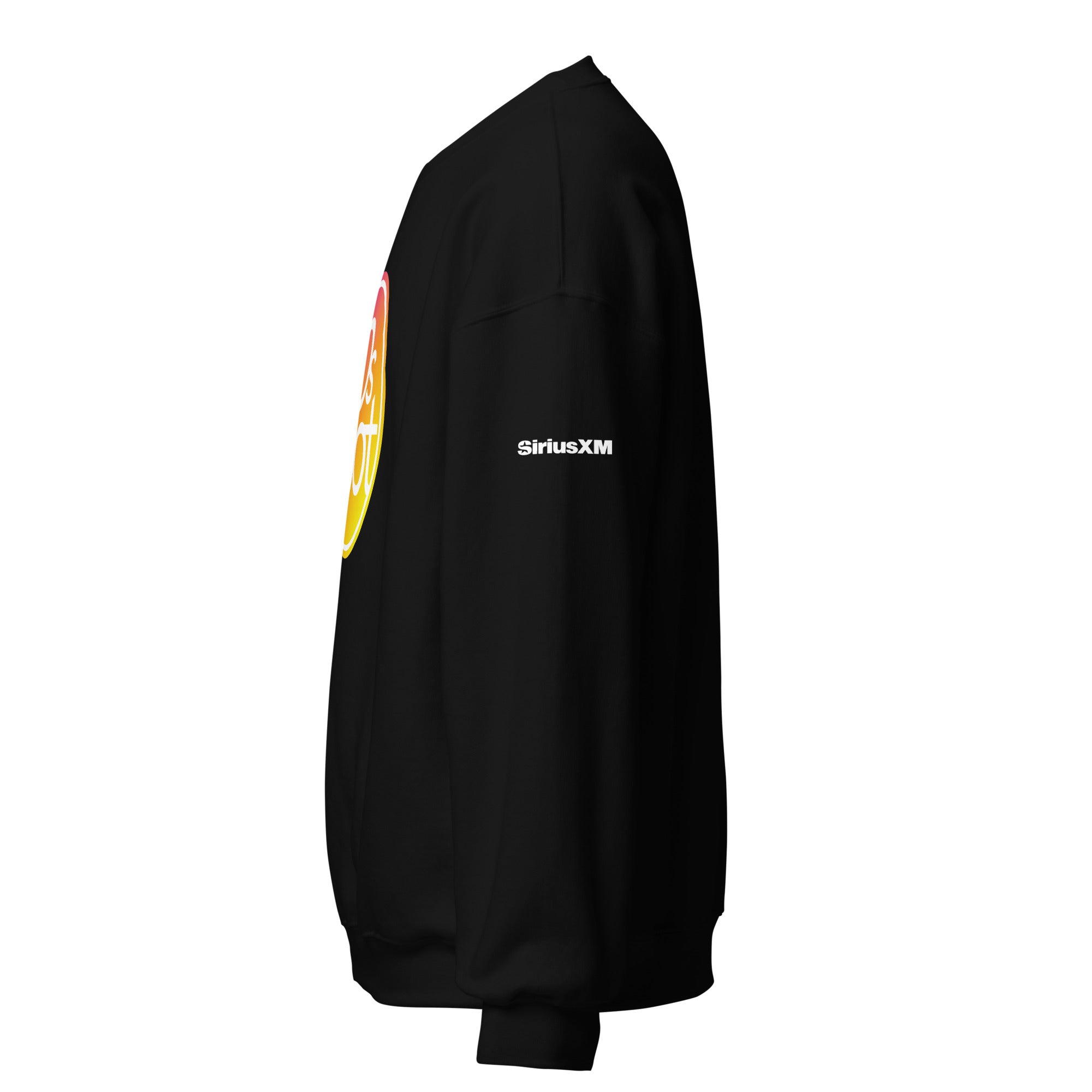 Black sweatshirt with 'SiriusXM' printed on the sleeve.