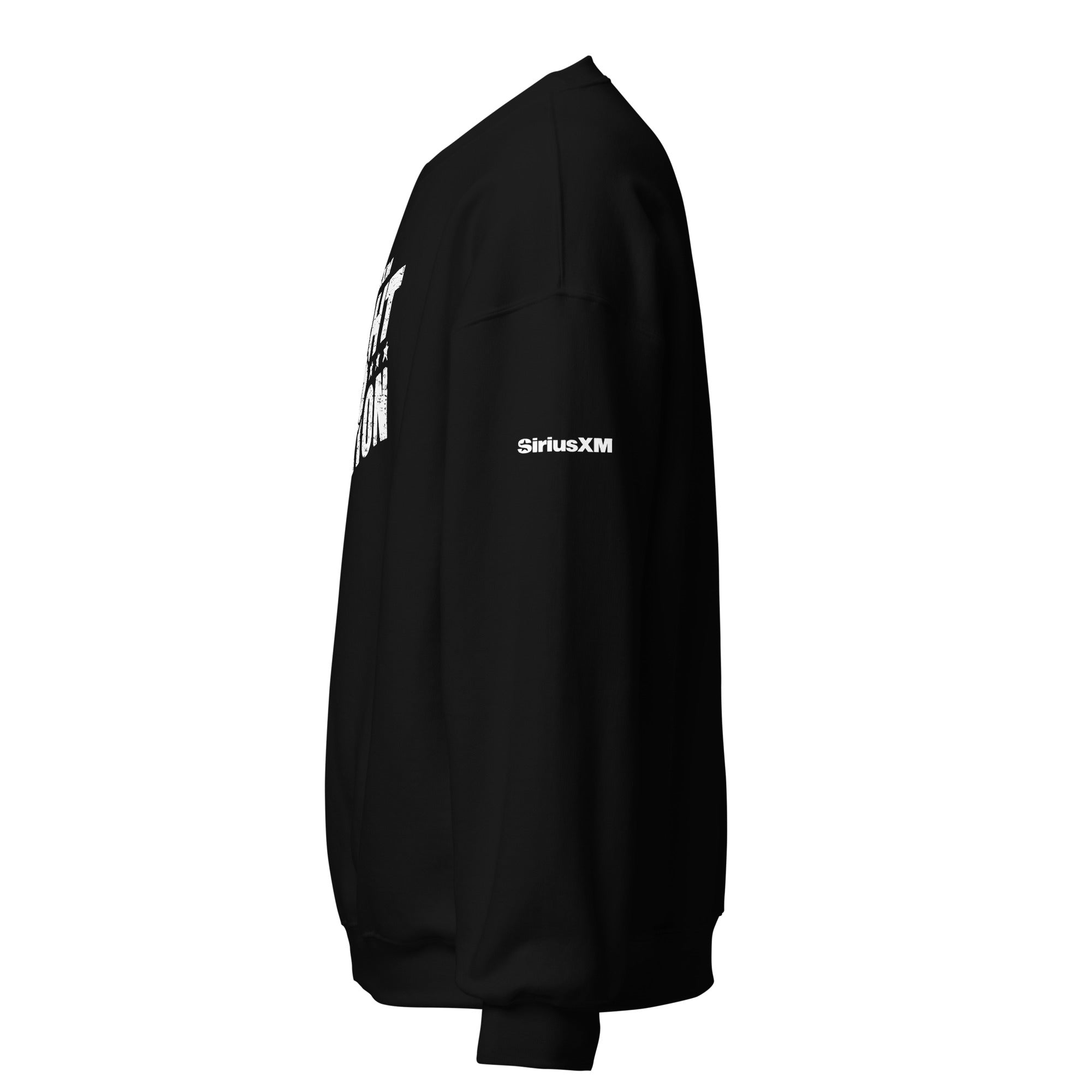 Black sweatshirt with 'SiriusXM' logo displayed on the sleeve. Side view.