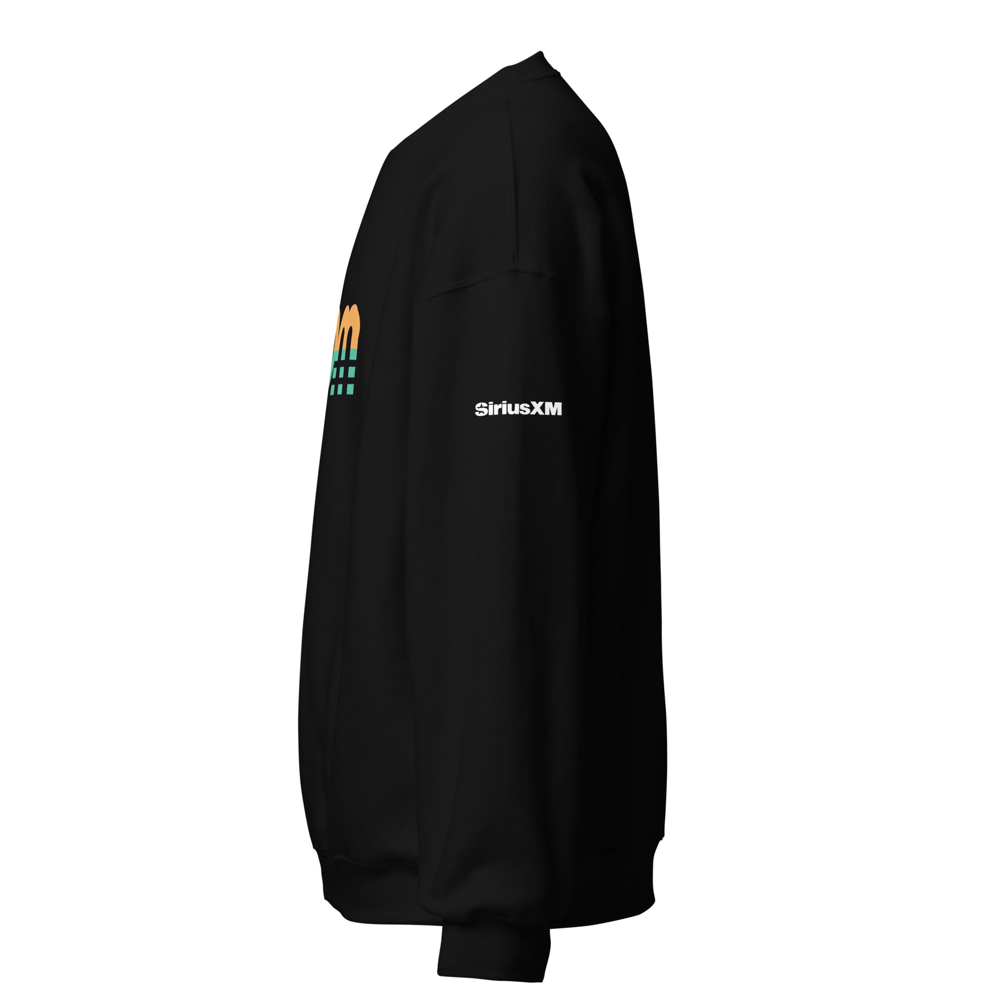 Black sweatshirt featuring 'SiriusXM' text on the sleeve. Side view.
