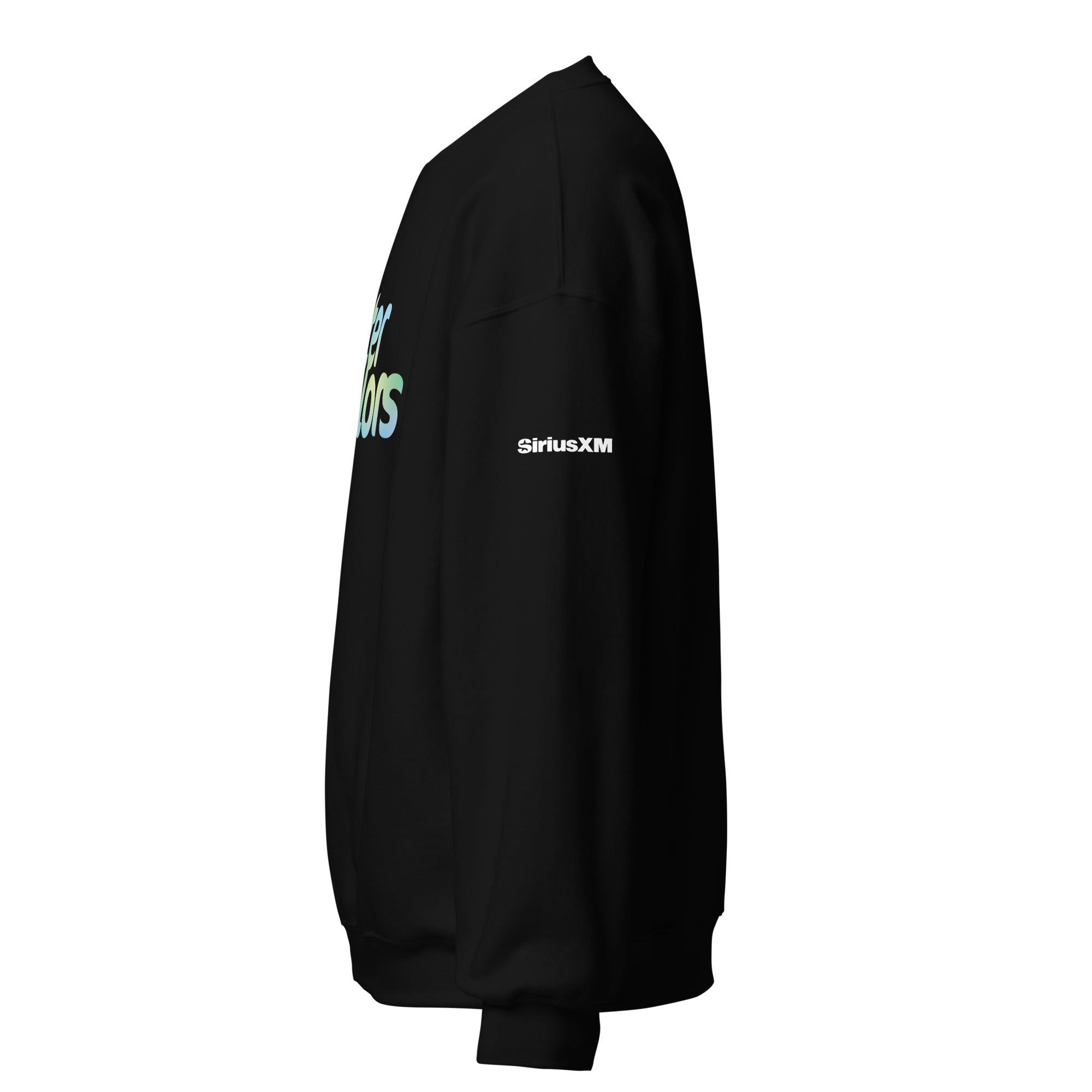 Black sweatshirt with 'SiriusXM' logo on the sleeve, shown in side view.