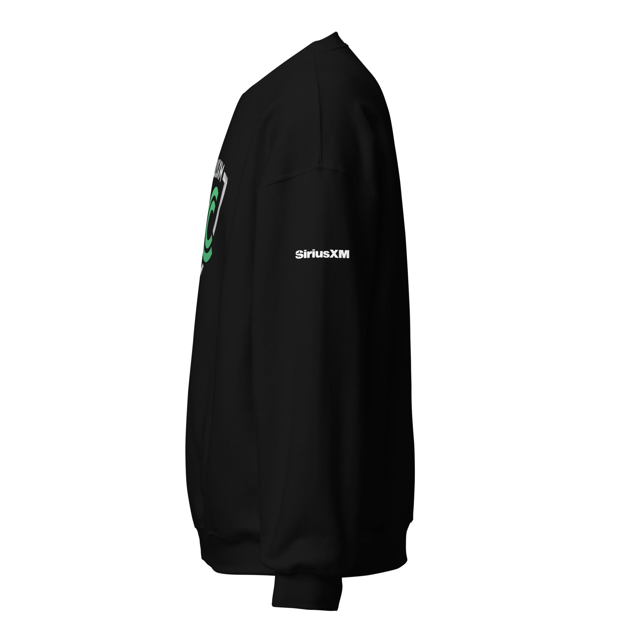 Black sweatshirt with a 'SiriusXM' logo on the sleeve, shown from the side.
