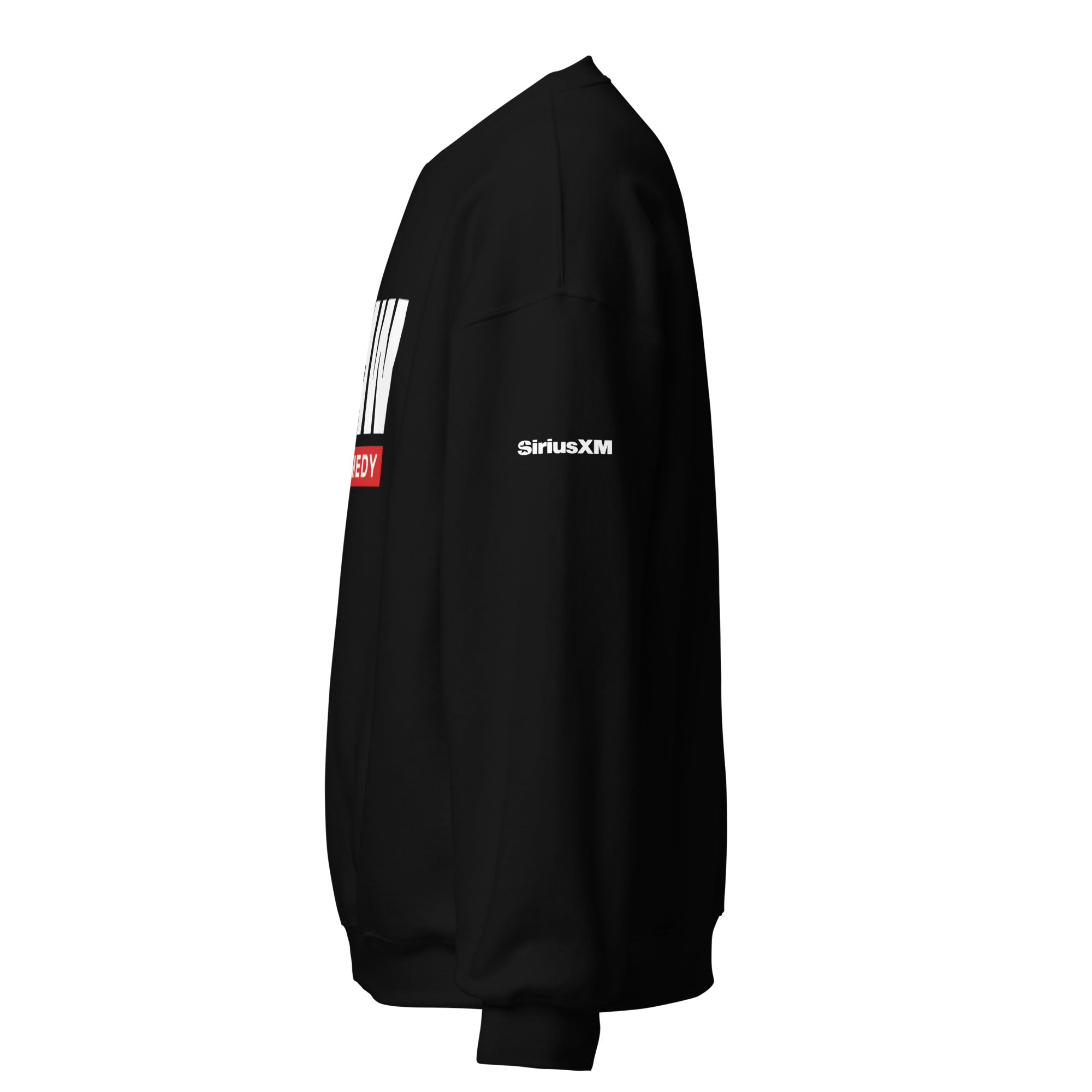 Black sweatshirt featuring 'SiriusXM' logo on the upper sleeve. Side view of the garment.