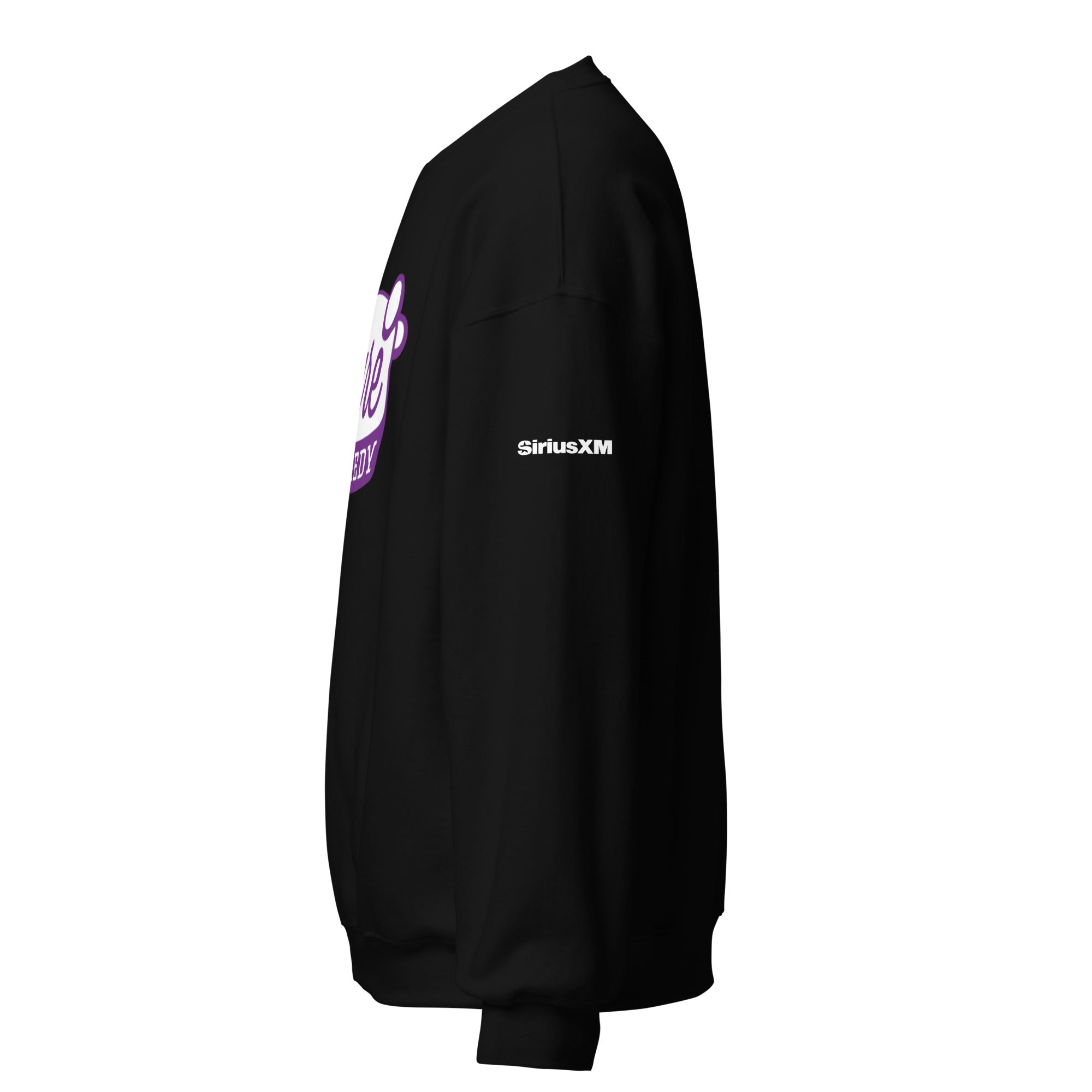 Black sweatshirt featuring 'SiriusXM' logo on the upper sleeve. Side view of the garment.
