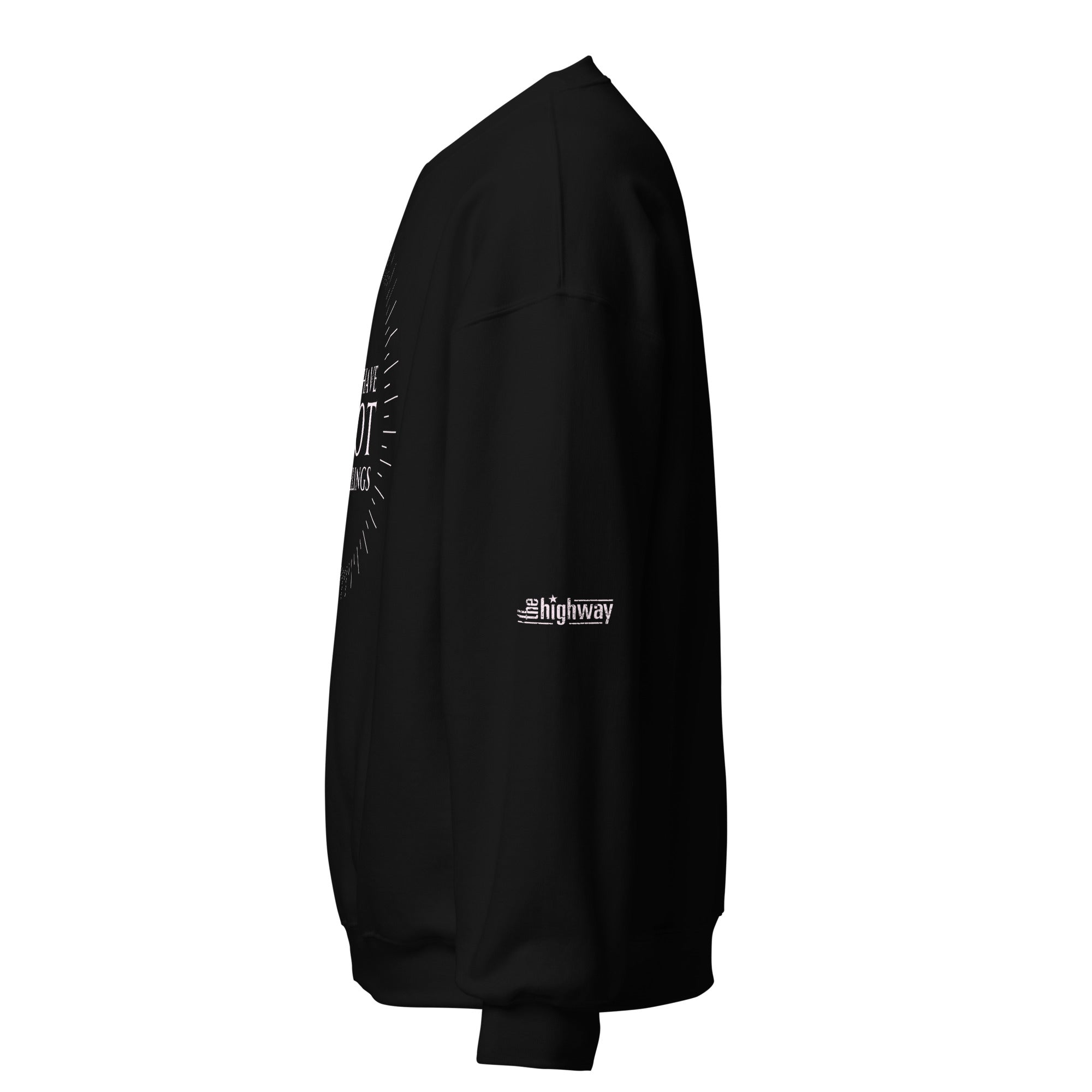 Black sweatshirt featuring a sleeve print reading 'the highway' in white. View from side.