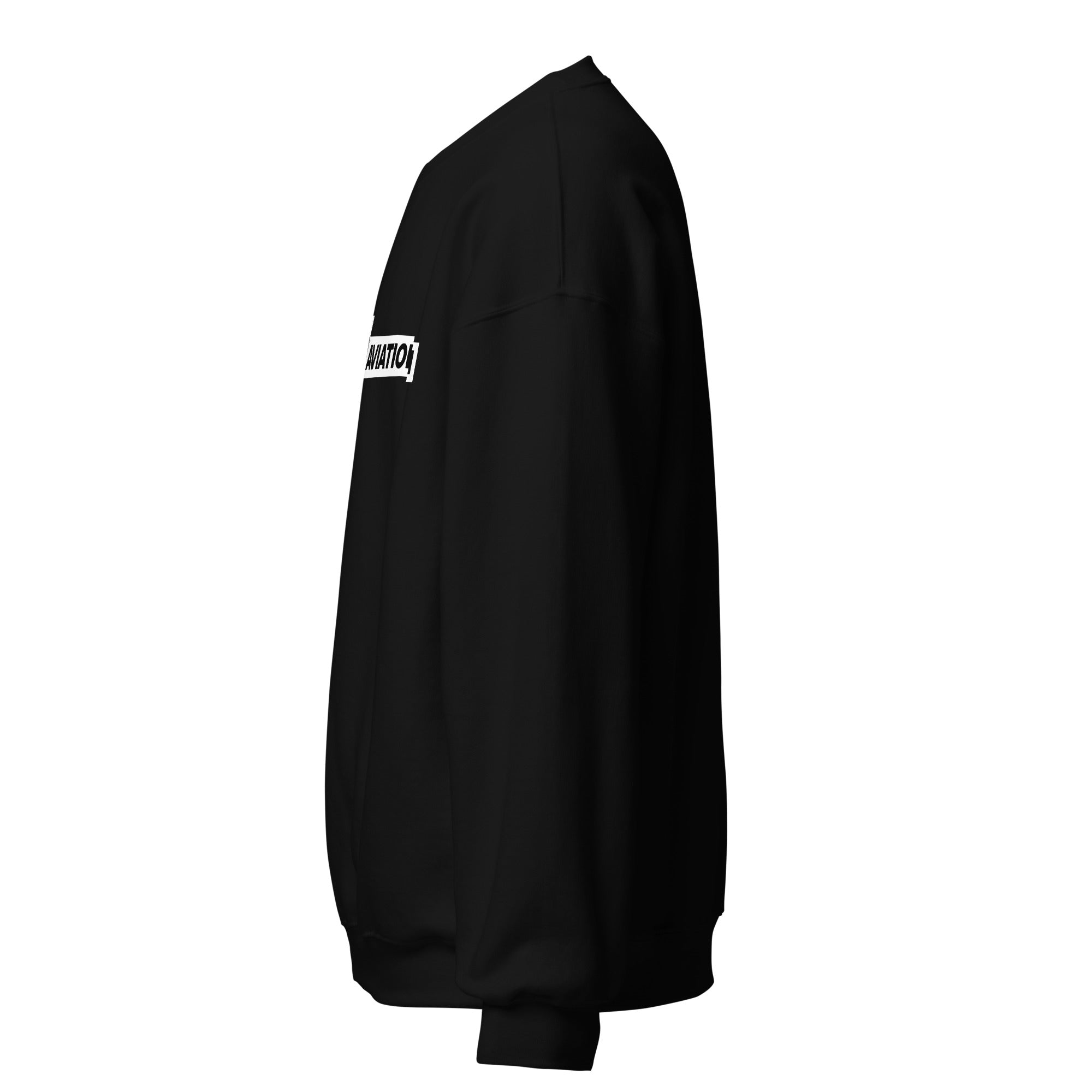 Black sweatshirt viewed from the side.