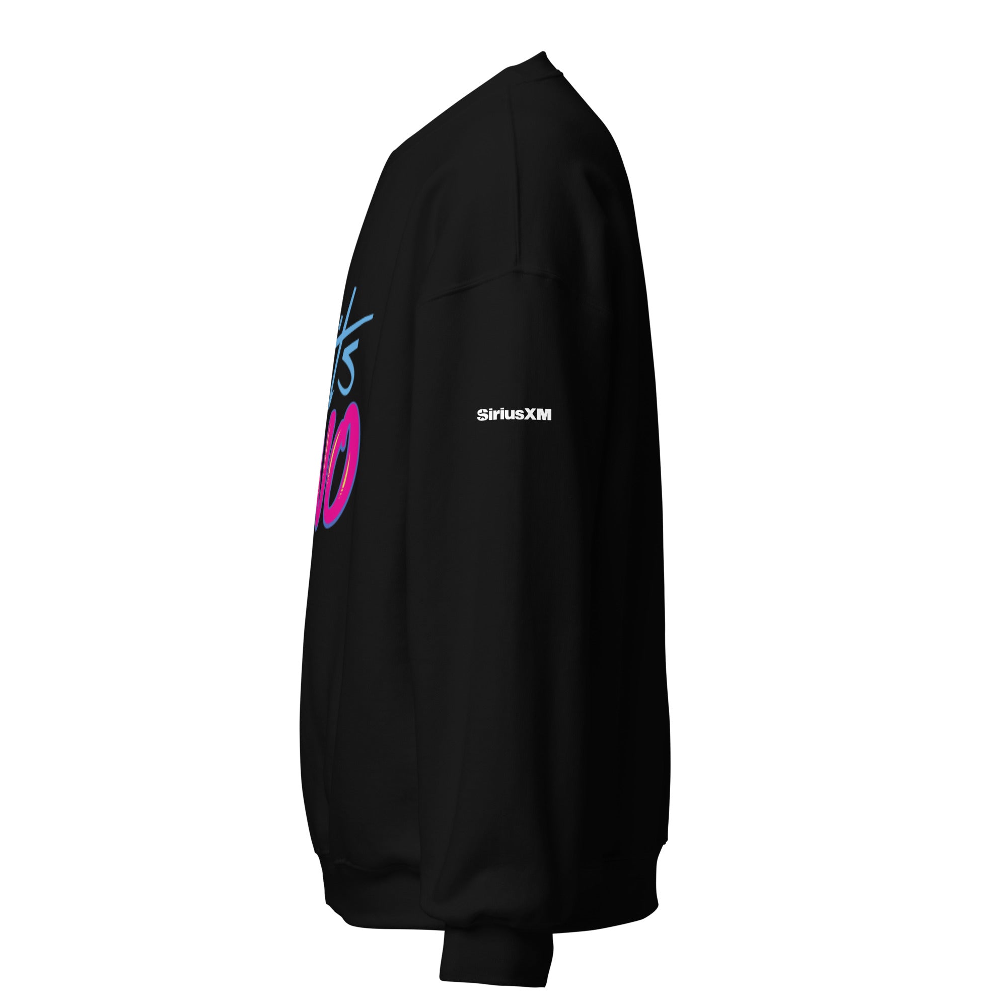 Black sweatshirt with 'SiriusXM' logo on the sleeve in white, shown from the side.