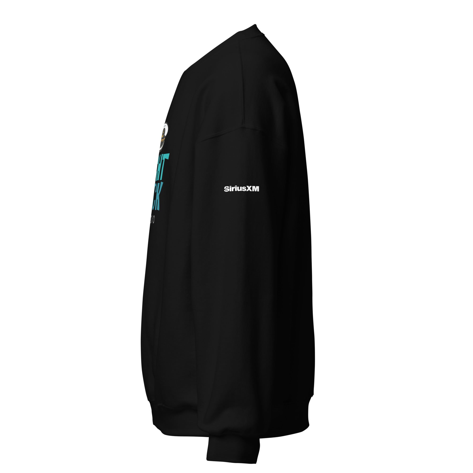 Side view of a black sweatshirt featuring the 'SiriusXM' logo on the sleeve.