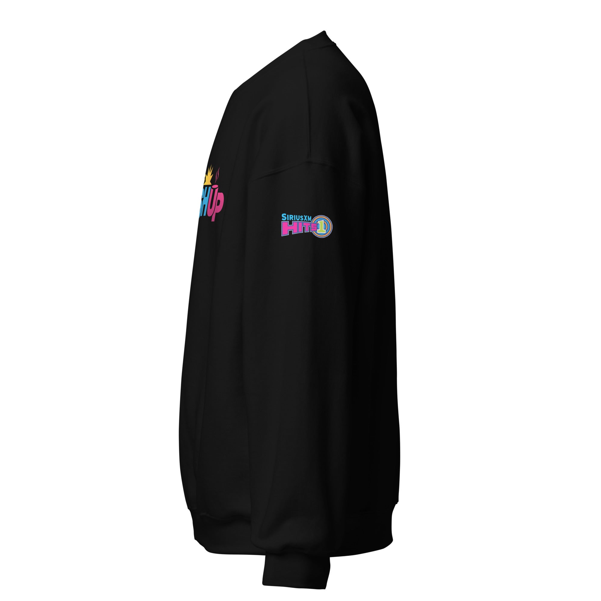 Black sweatshirt with colorful 'SiriusXM Hits 1' logo on the sleeve. Side view.