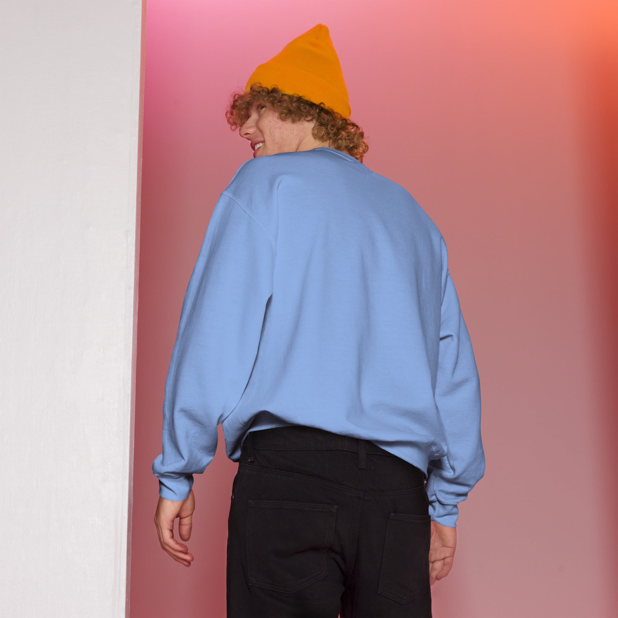 Person with curly hair wearing the light blue sweatshirt from behind, standing in front of a pink gradient wall; no text or design is visible on the back of the sweatshirt.