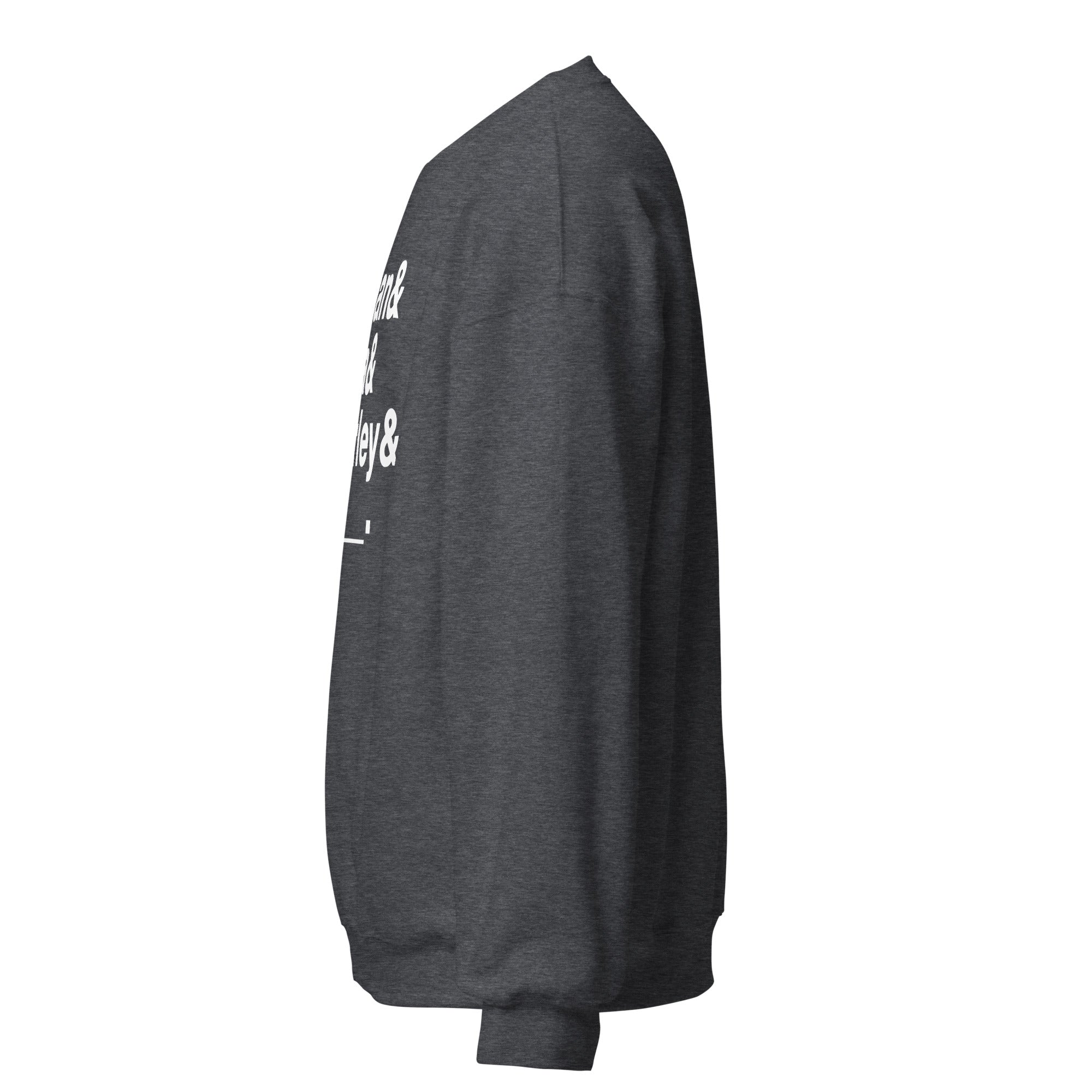 Left sleeve of dark grey sweatshirt with partially visible bold white text: 'Conan & Sona & Gourley & _____.'