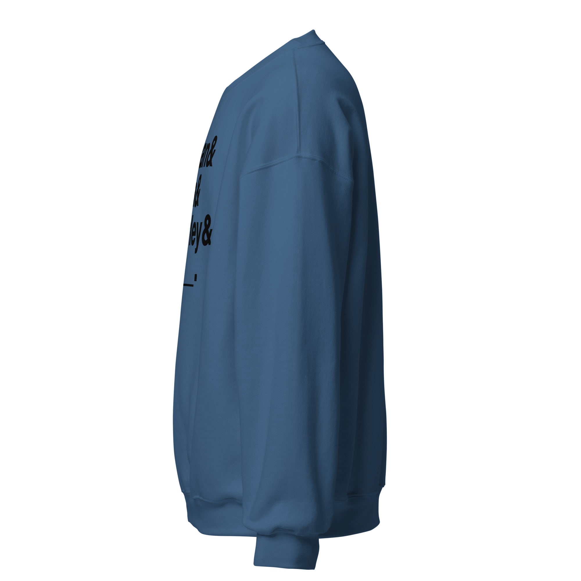 Left sleeve of blue sweatshirt with partially visible bold black text: 'Conan & Sona & Gourley & _____.'