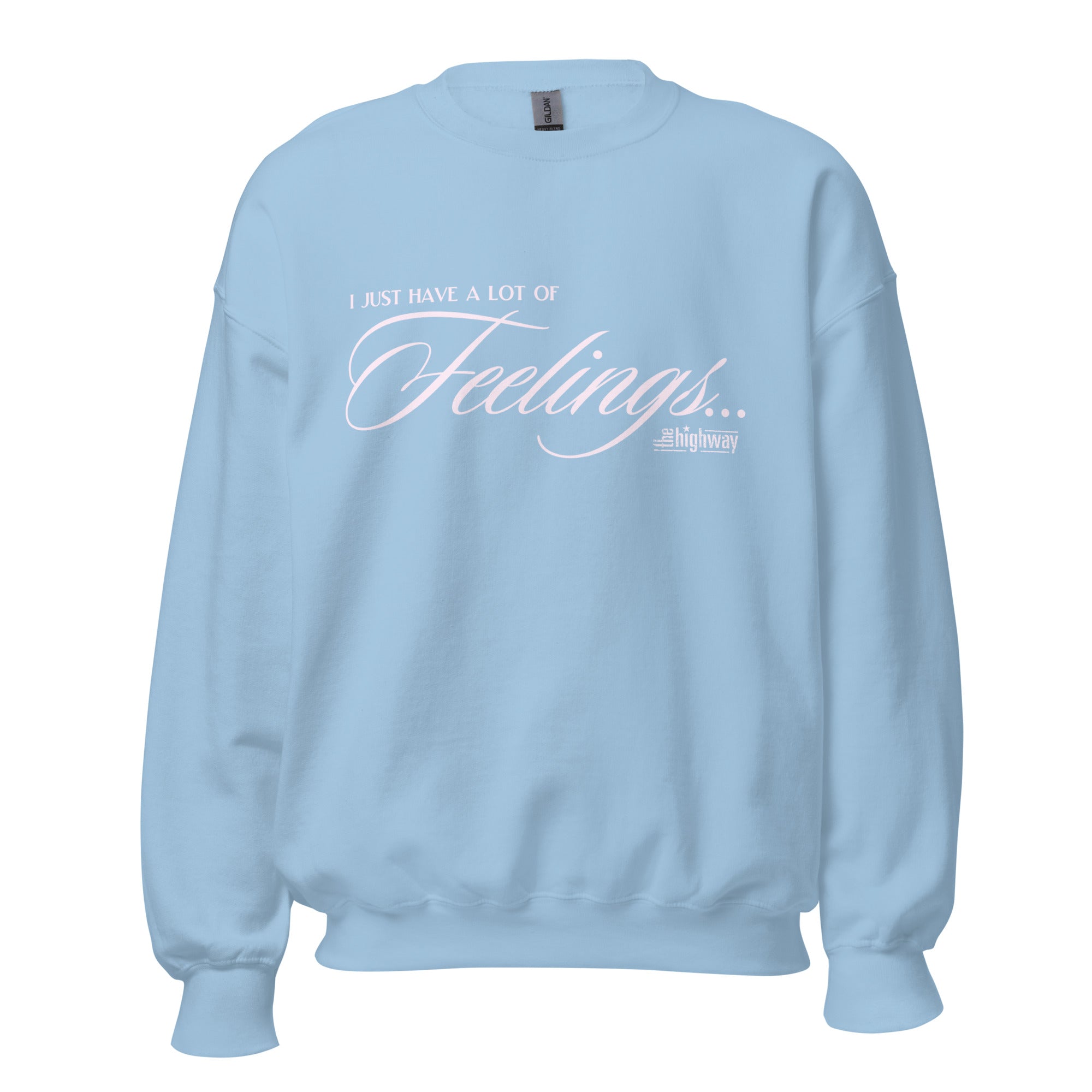 Light blue sweatshirt with the text 'I just have a lot of Feelings...' with 'the highway' logo printed in white.
